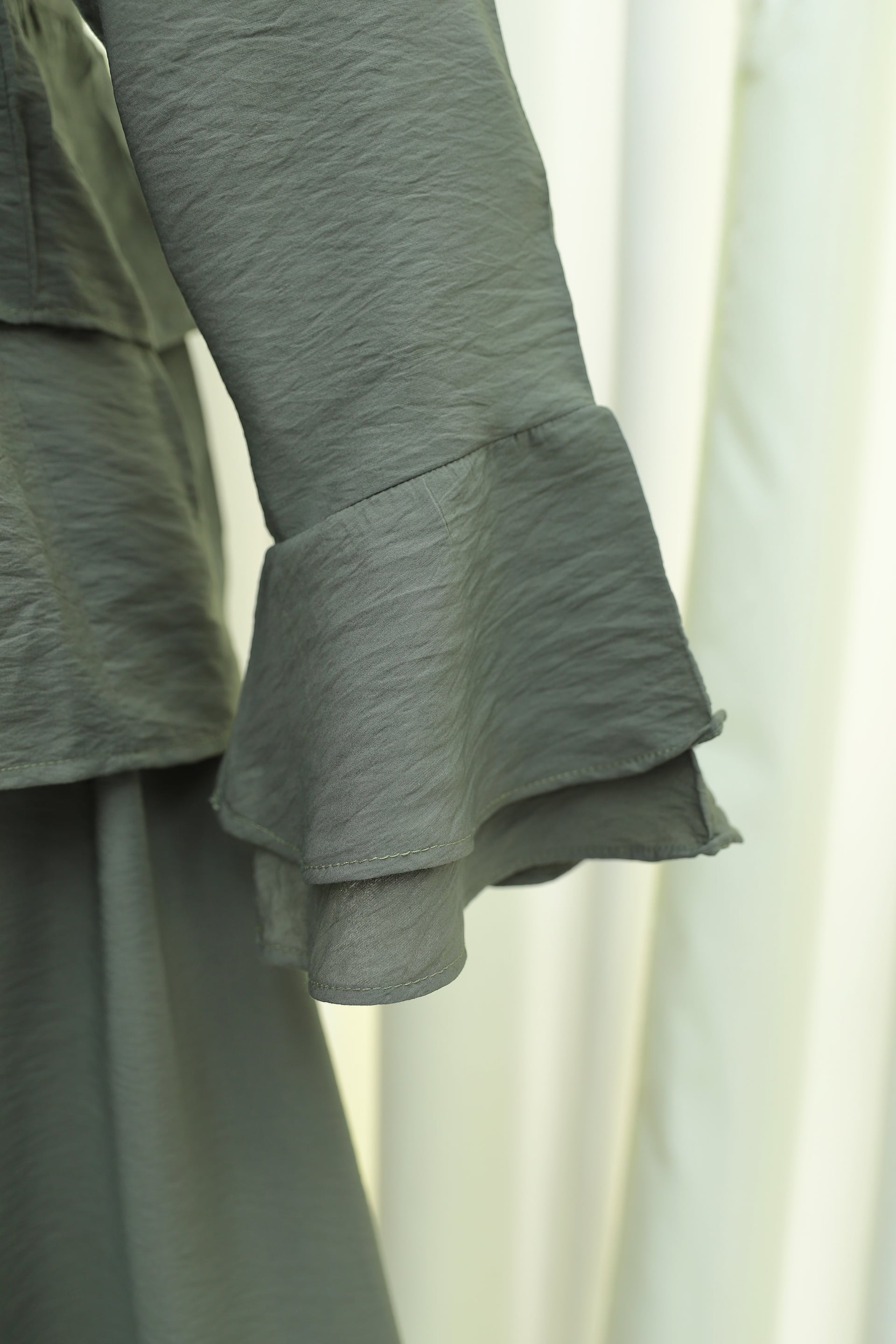 Olive Green Tie-Front Ruffle Bell Sleeve Blouse and Maxi Skirt Two-Piece Set - Podyumplus - by Peralane - photo 8