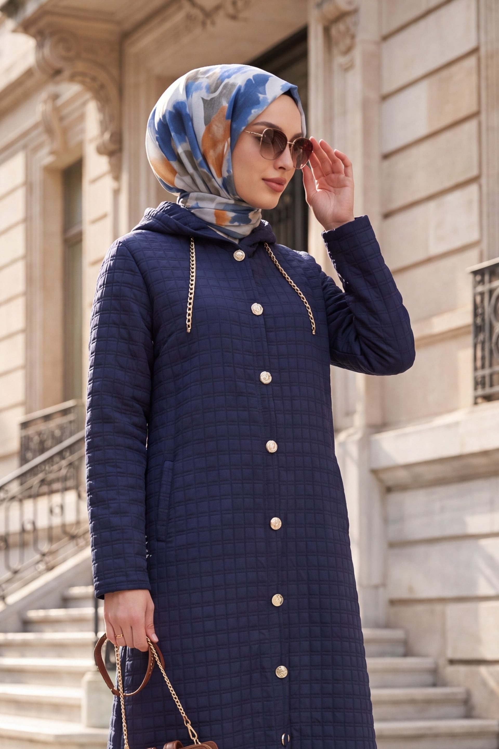 Long Quilted Coat with Chain Detail - Navy - Podyumplus - by Peralane - photo 2