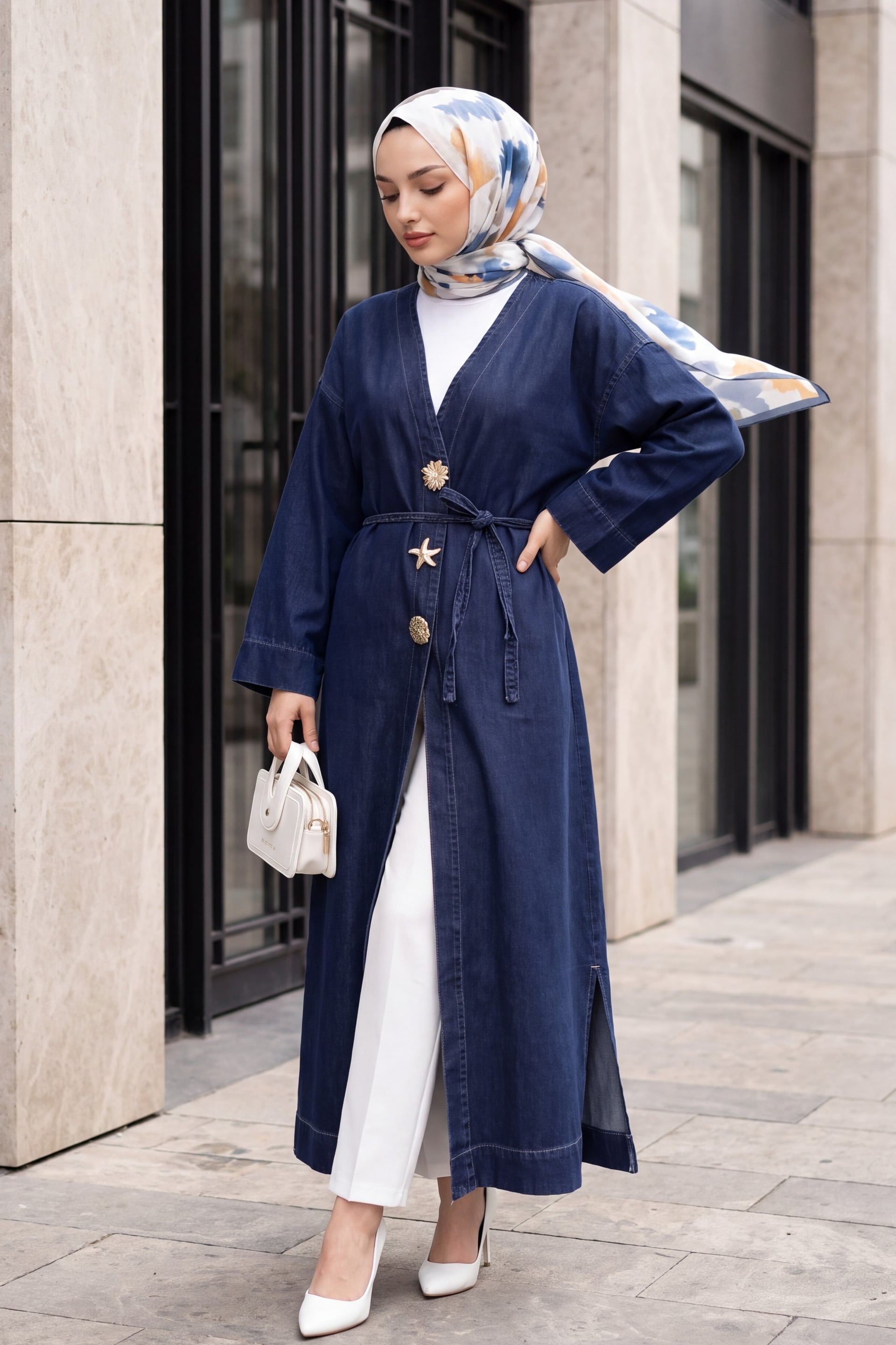 Long Denim Kimono with Tie Waist and Brooch Detail - Navy - Podyumplus - by Peralane - photo 3