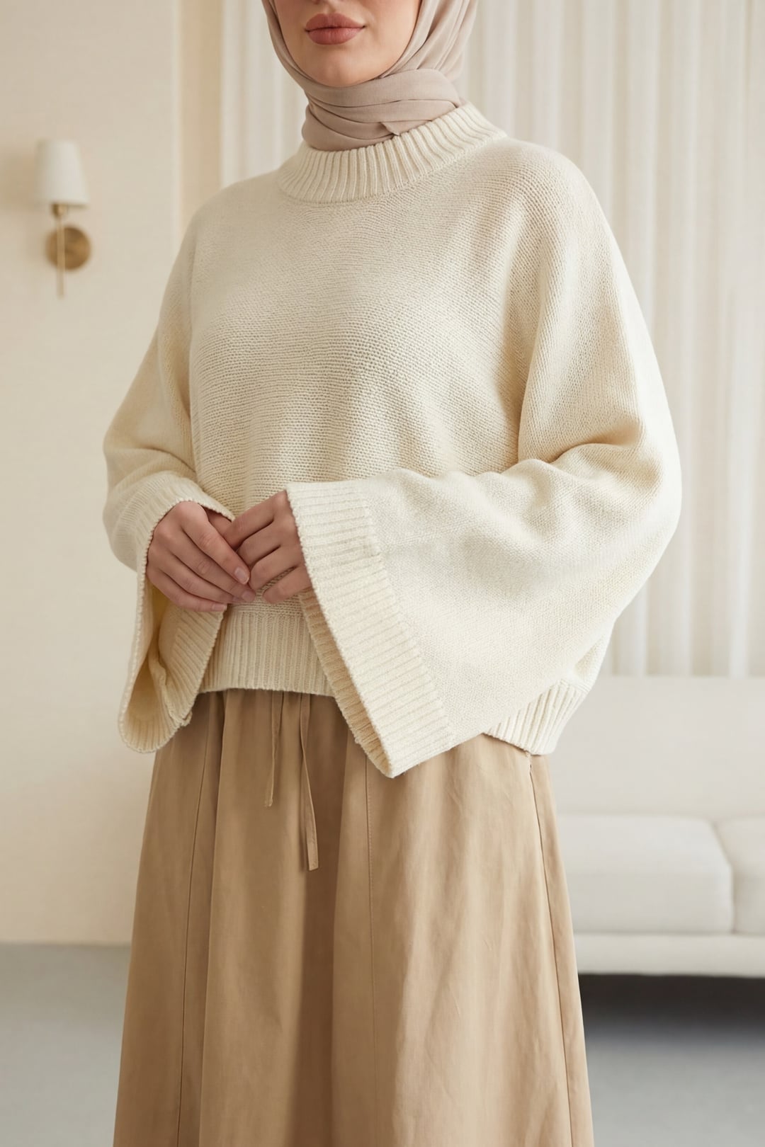 Half-Neck Batwing Sleeve Tunic Sweater - Cream - Podyumplus - by Peralane