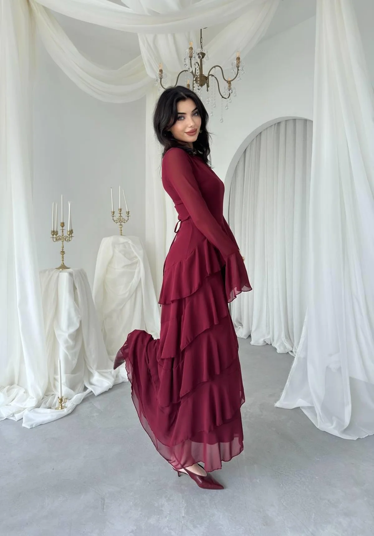 Bordeaux Red Midaxi Dress with Sheer Bell Sleeves and Tiered Skirt - Etika - by Peralane - photo 6