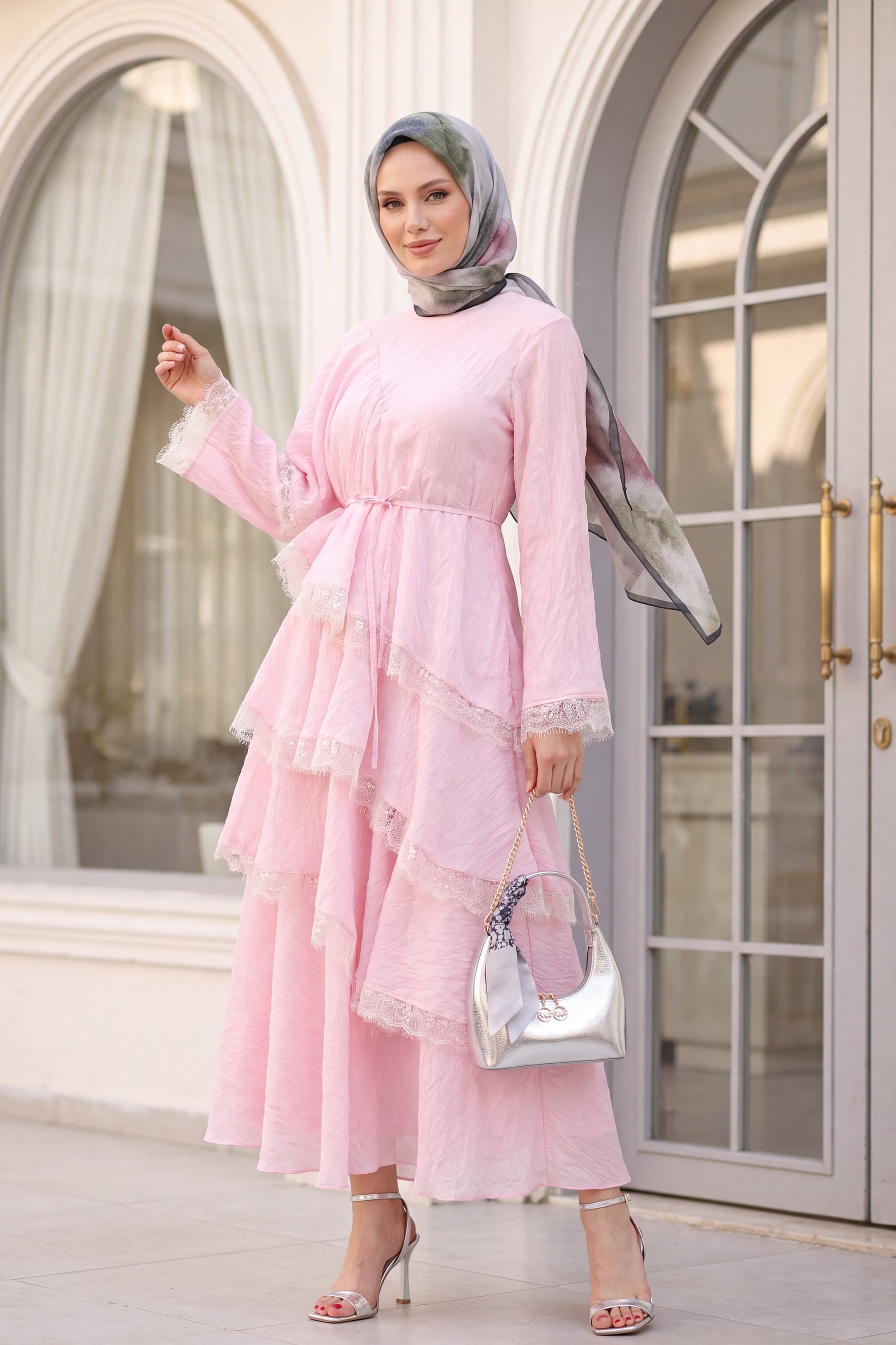 Pink Tiered Lace-Trimmed Belted Tulle Modal Dress - Podyumplus - by Peralane