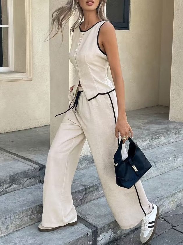 Women's Sleeveless Button-Front Vest and Wide-Leg Trousers Set in Beige - Janes - by Peralane - photo 6