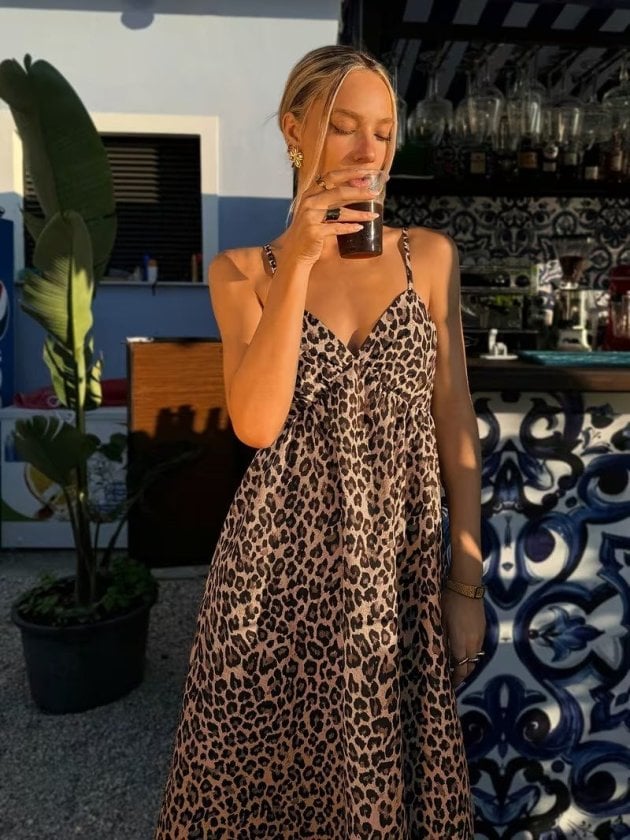Women's Spaghetti Strap V-Neck Leopard Print Midi Dress - Janes - by Peralane - photo 2