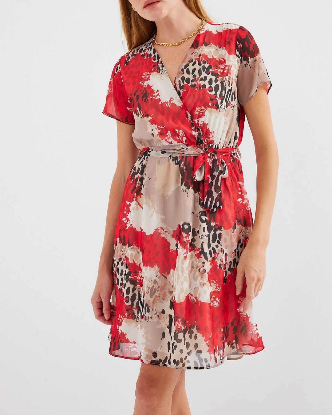 2502 Short-Sleeved Patterned Chiffon Dress - Red - Bigdart - by Peralane - photo 2