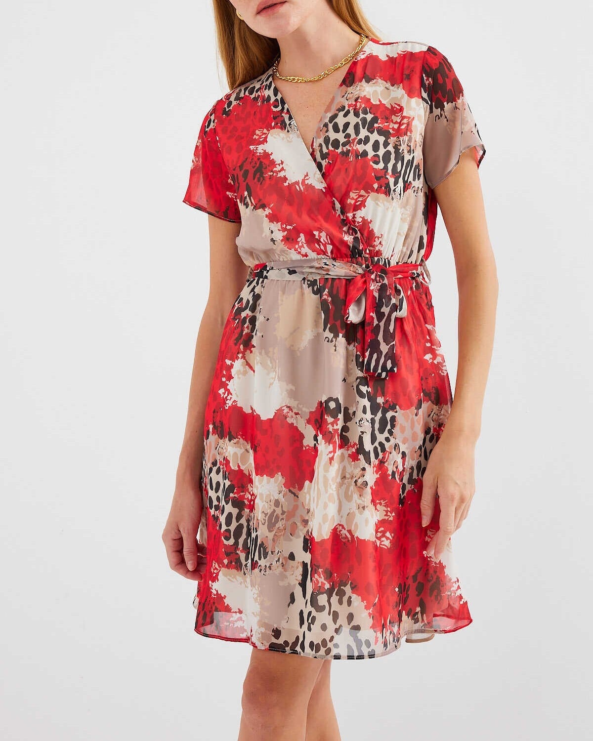 2502 Short-Sleeved Patterned Chiffon Dress - Red - Bigdart - by Peralane - photo 2