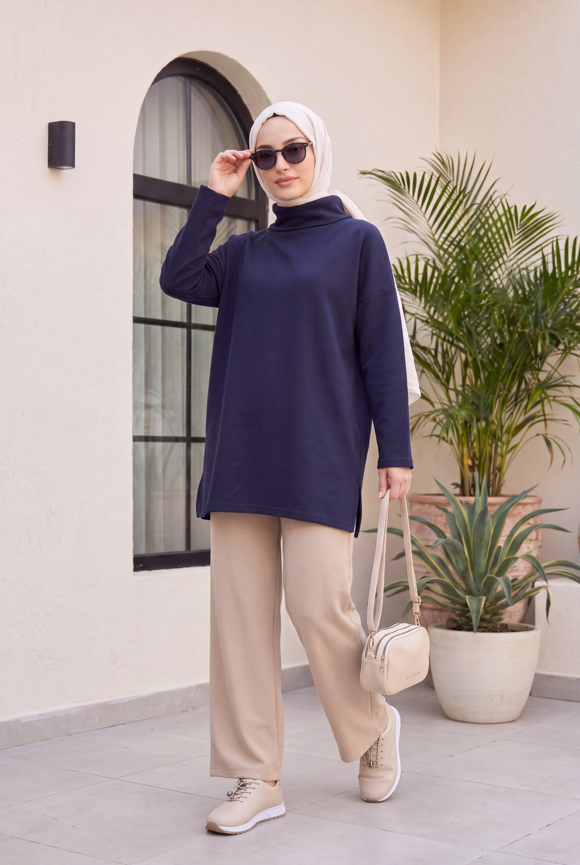 Navy Blue High Neck Side Slit Lounge Tunic - Podyumplus - by Peralane - photo 2