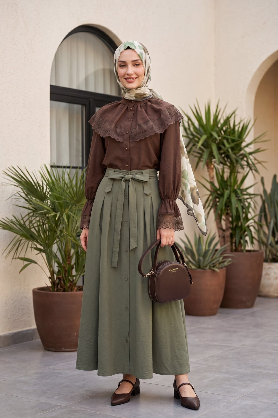 High Collar Long-Sleeve Modal Blouse with Lace Trim and Button Front - Dark Brown - Podyumplus - by Peralane - photo 8