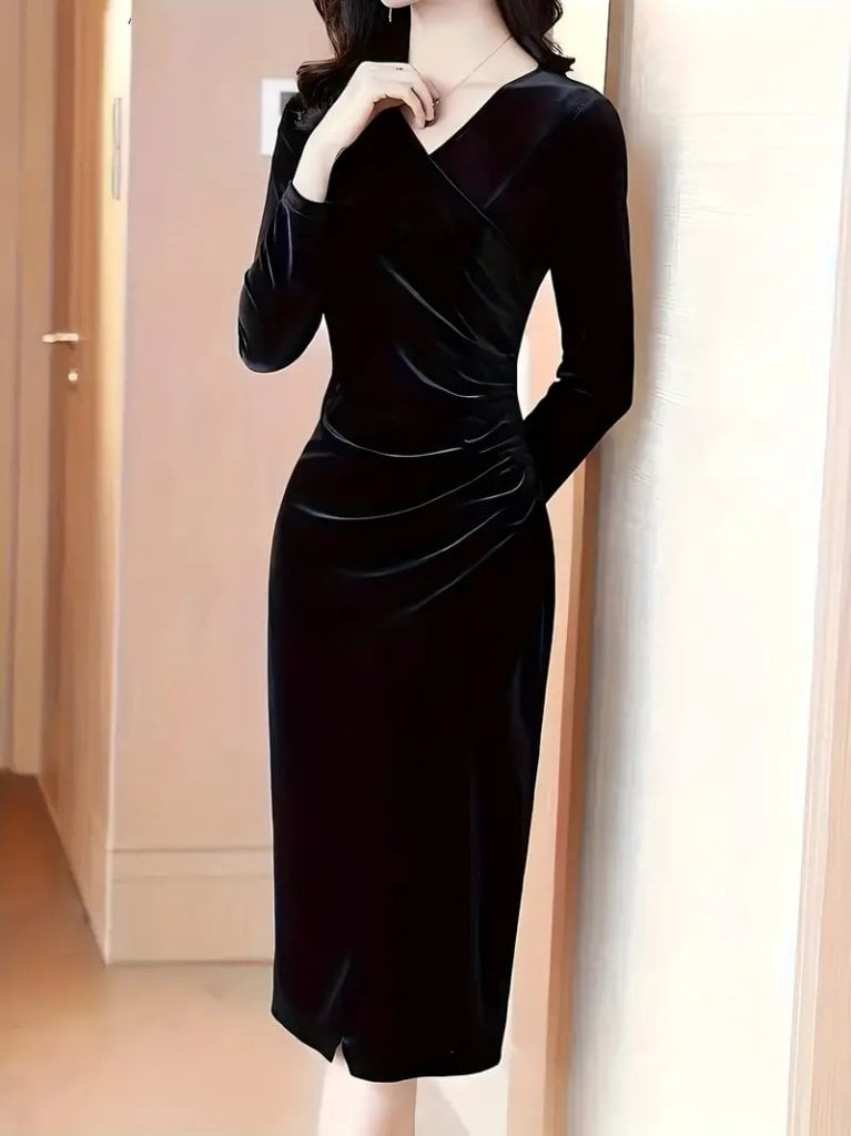 Women's Long Sleeve Wrap V-Neck Midi Velvet Dress with Side Ruched Detail - Janes - by Peralane