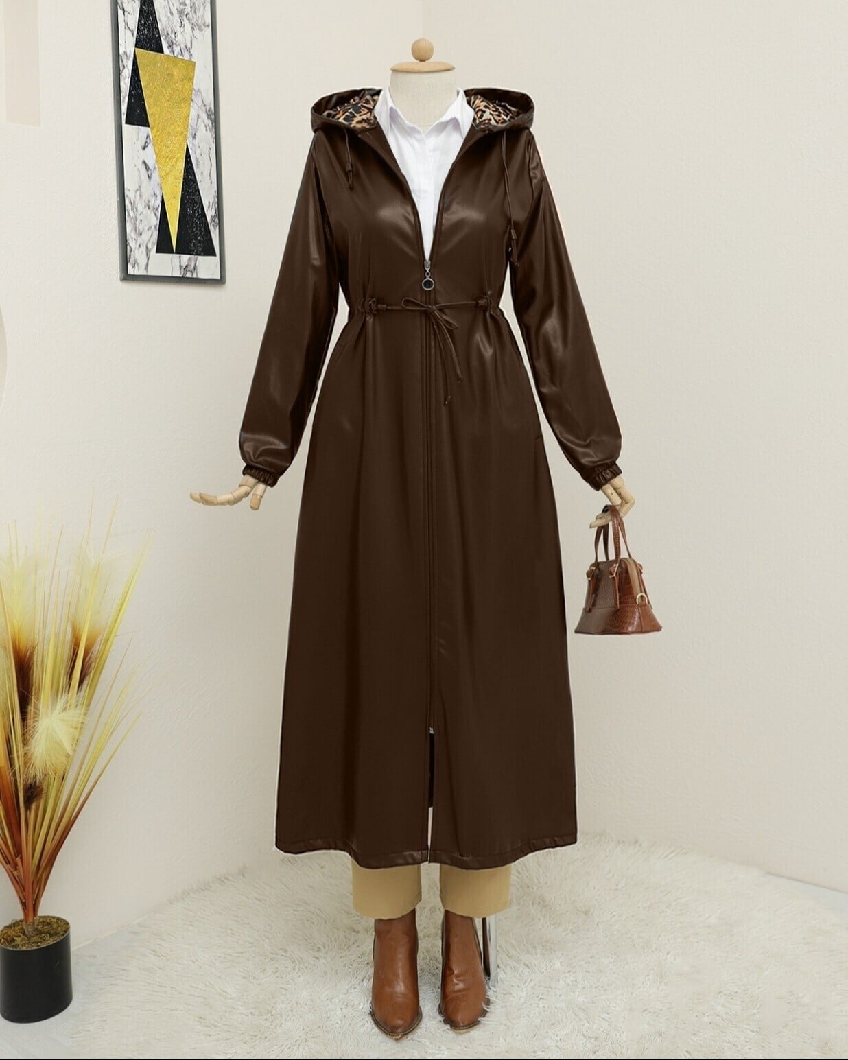 Tunnel Drawstring Hooded Long Leather Coat - Brown - Podyumplus - by Peralane - photo 2