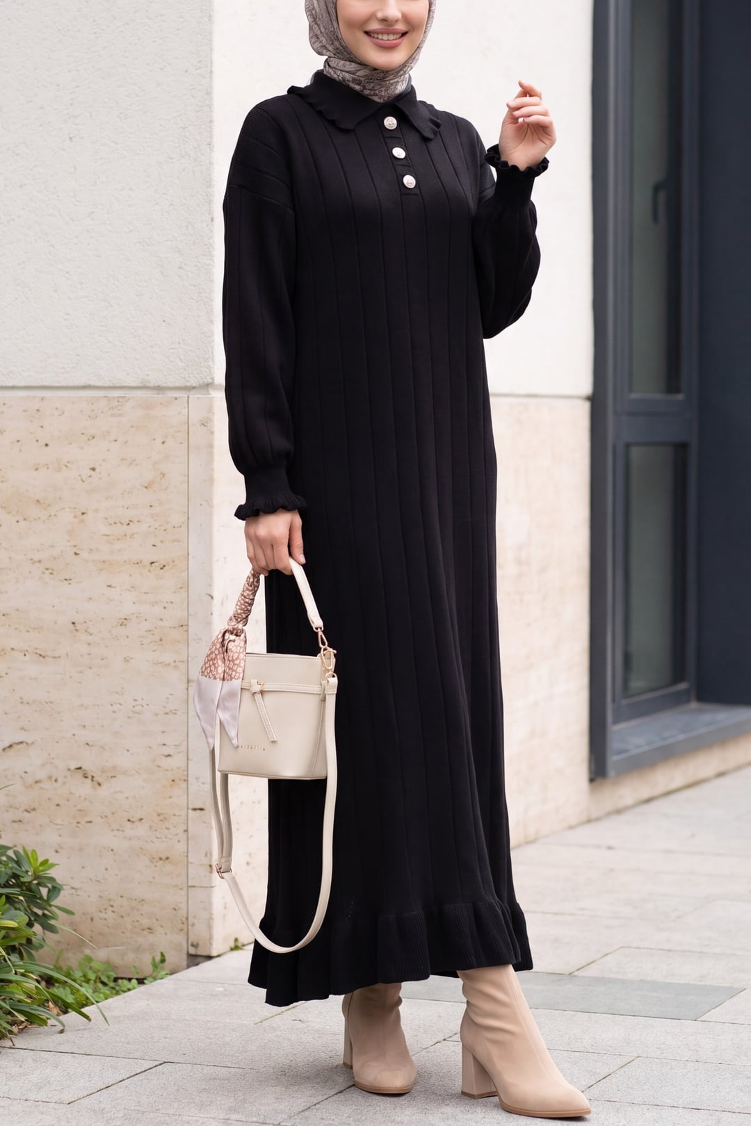 Ruffled Collar and Hem Button Detail Knit Dress - Black - Podyumplus - by Peralane