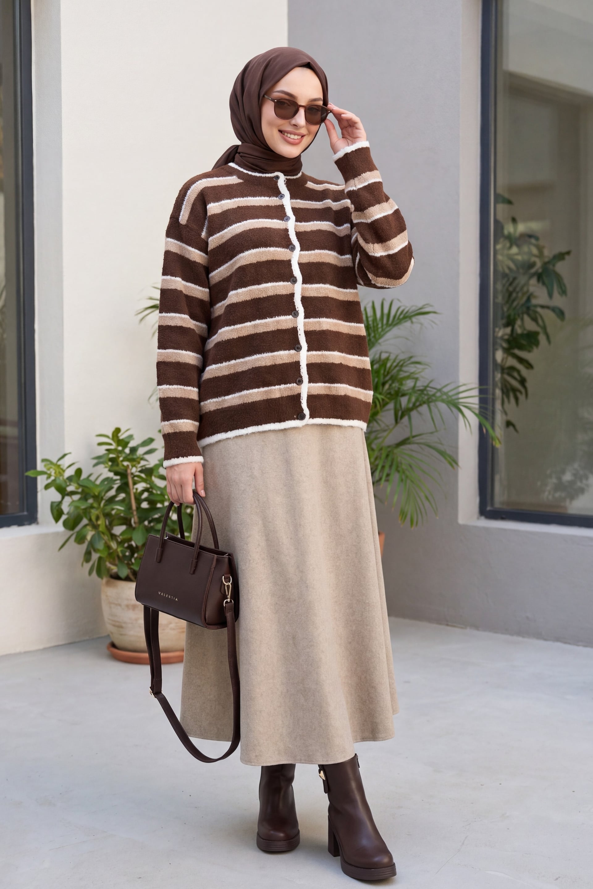 Round Neck Striped Knit Cardigan - Mink - Podyumplus - by Peralane - photo 4