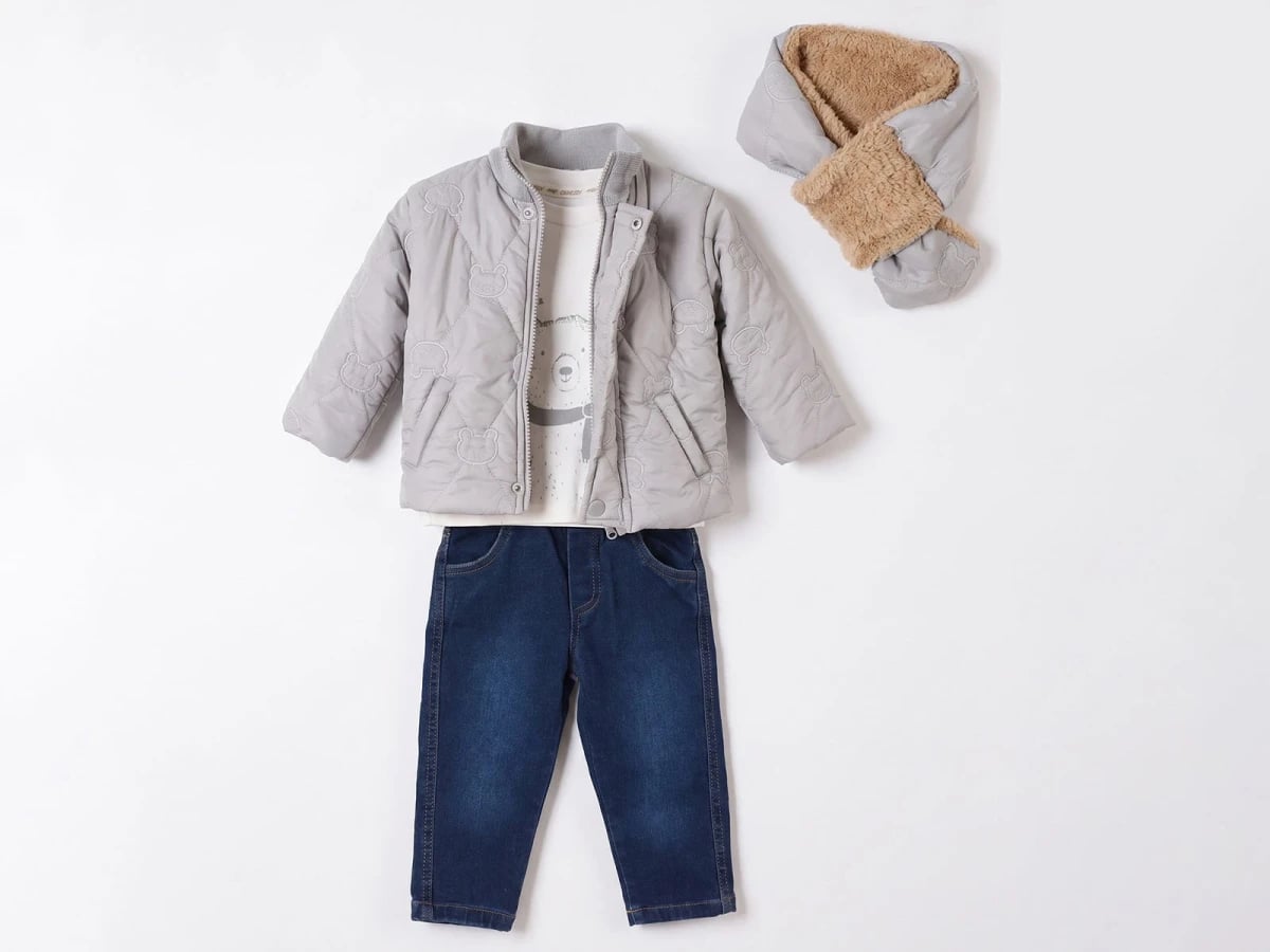 Bear Embroidery Quilted Jacket, T-Shirt and Denim Trousers 3-Piece Baby Boy Set (Grey) - Canoz - by Peralane