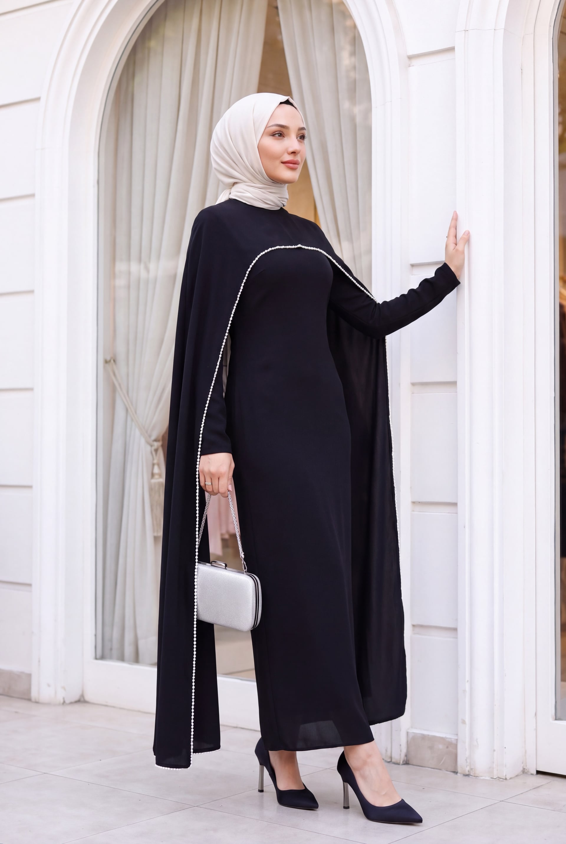 Beaded Detachable Cape Spanish Sleeve Lined Crepe Abaya Dress - Black - Podyumplus - by Peralane - photo 2