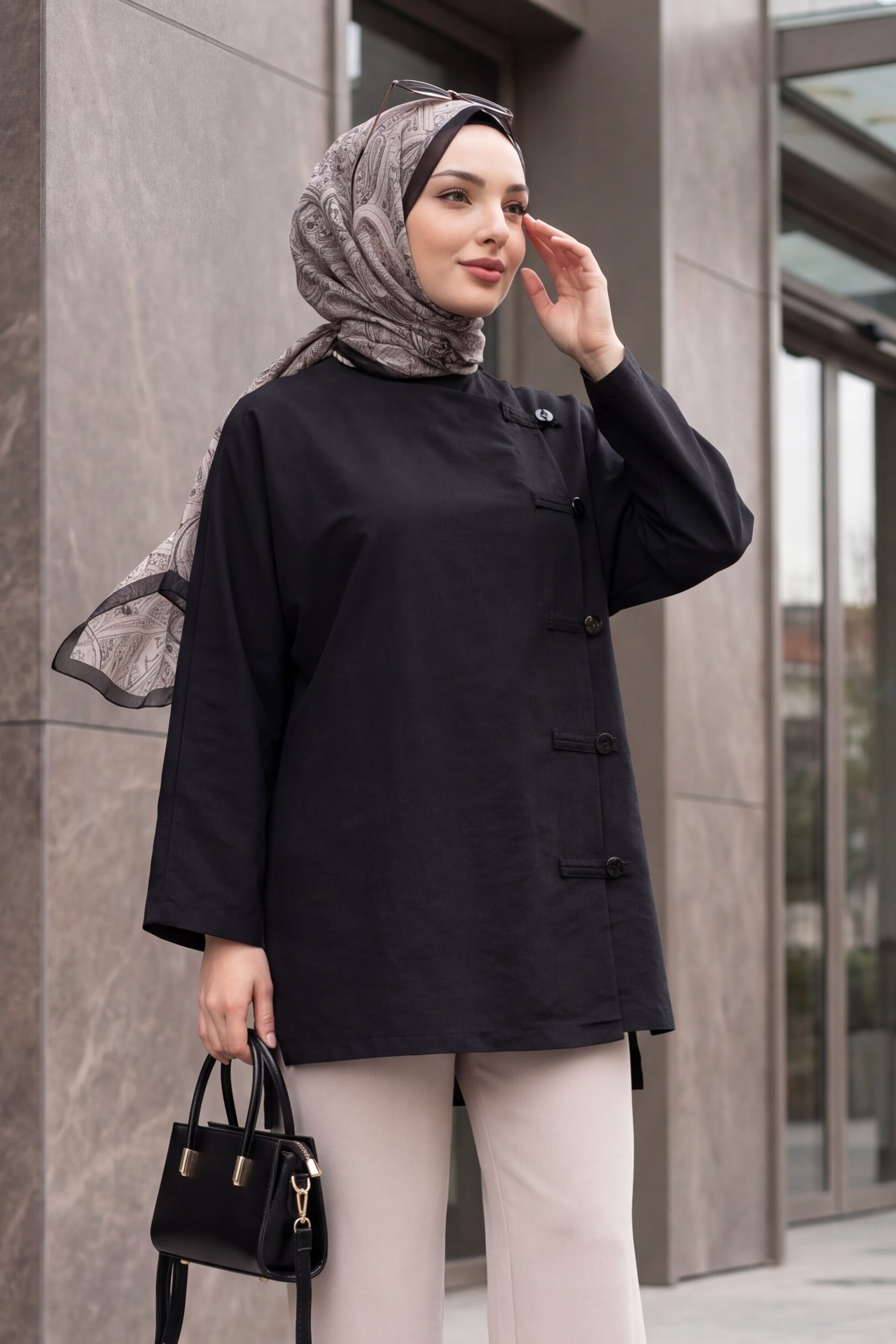 Black Round Neck Button Front Long Back Poliviscose Tunic - Podyumplus - by Peralane - photo 2