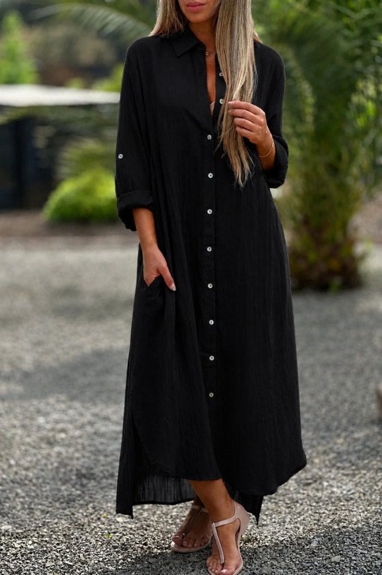 Women's Long-Sleeve Collared Button-Front Flowing Long Dress - Janes - by Peralane - photo 3