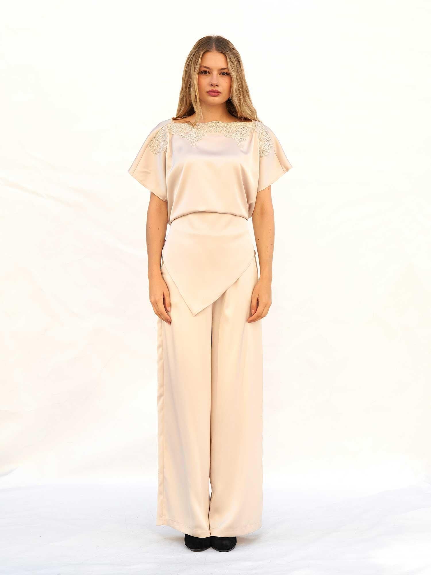 Lace Trim Satin Blouse and Wide Leg Trousers Set - Lefon - by Peralane