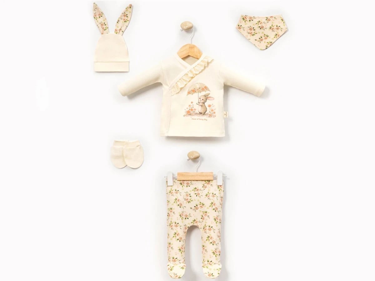 Floral Bunny Print Baby Girl Hospital Exit Five-Piece Set - Pink - Cayzen - by Peralane