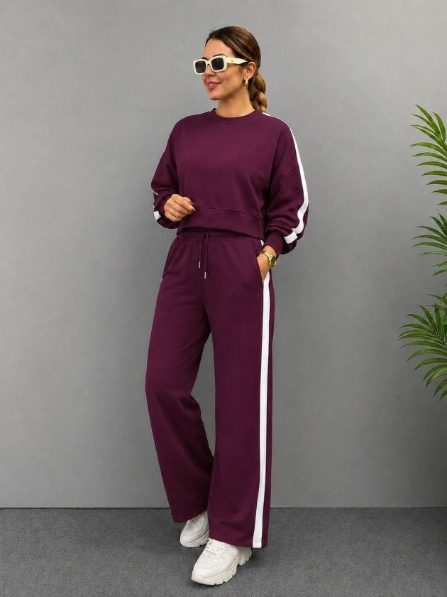 Women's Long Sleeve Crew Neck Short Viscose Two-Thread Blouse and Trousers Two-Piece Set, Plum with White Stripes - Janes - by Peralane