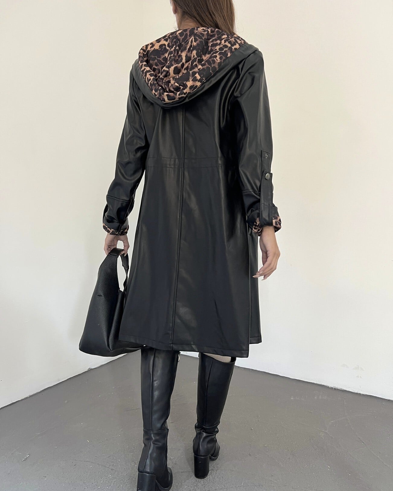 Black Faux Leather Hooded Coat with Drawstring Waist - Podyumplus - by Peralane - photo 7