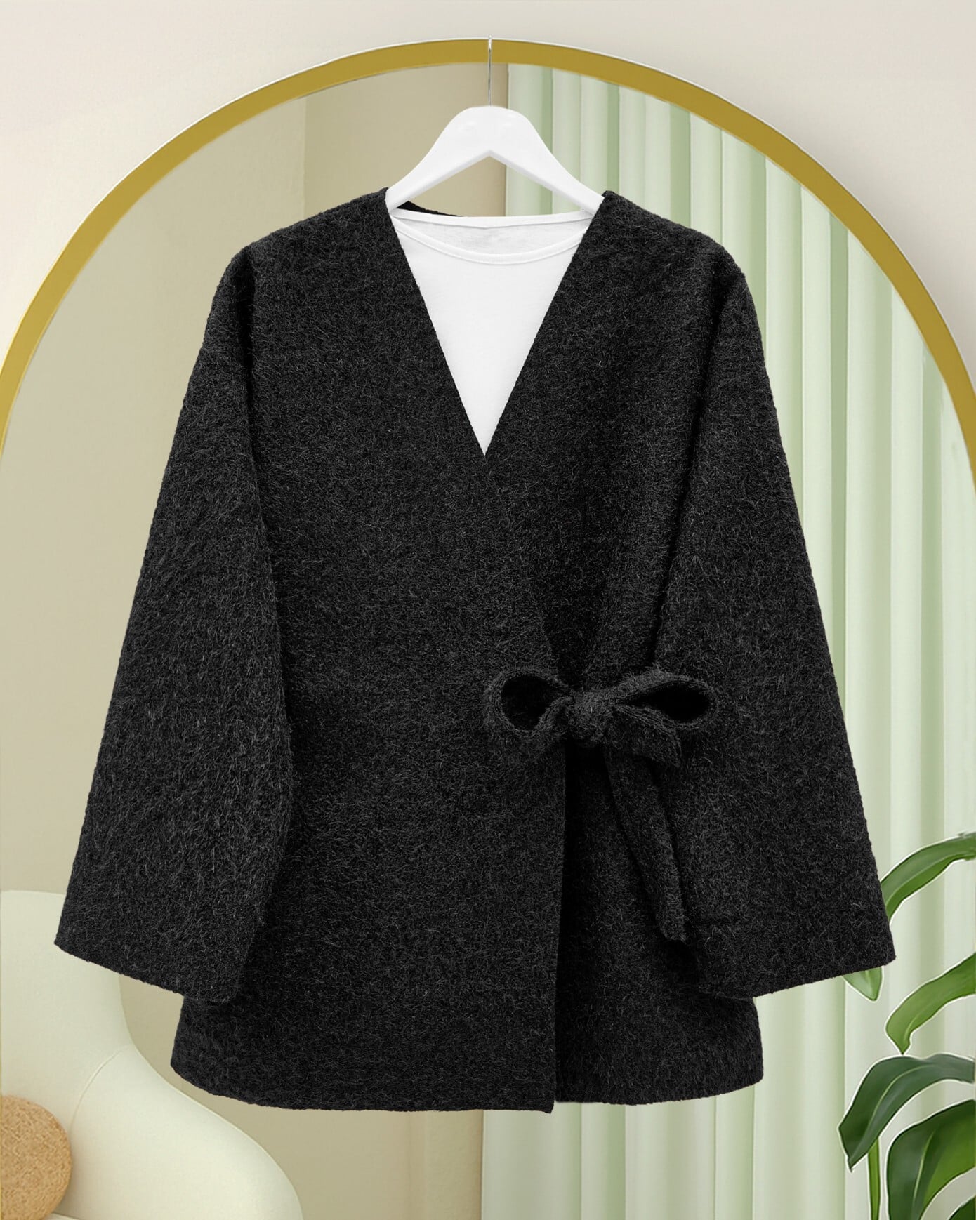 Side-Tie Fringed Kimono - Black - Podyumplus - by Peralane - photo 3