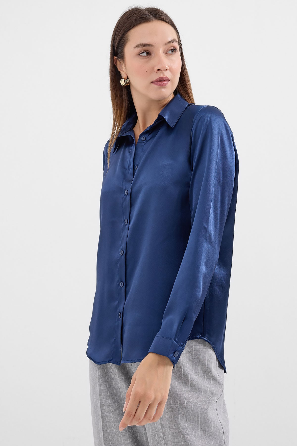 Lightweight Satin Blouse in Navy - Women's Button-Down Shirt - Bigdart - by Peralane - photo 2