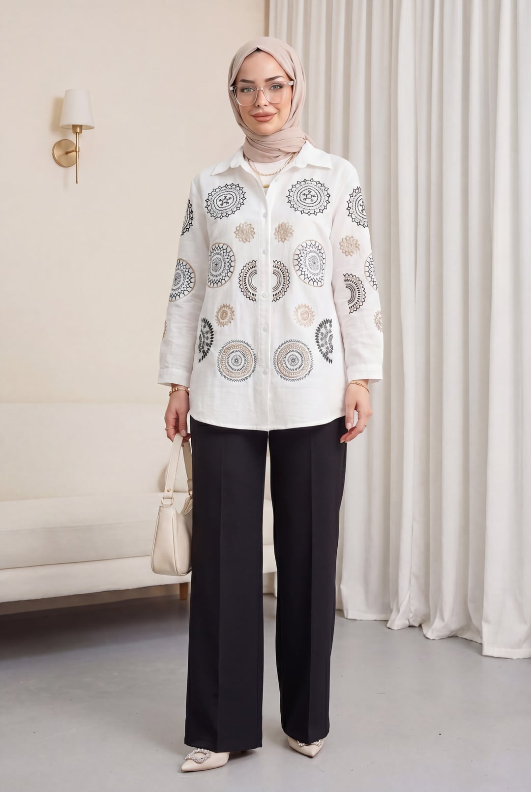 Embroidered Button-Front Linen Look Blouse - White - Podyumplus - by Peralane - photo 2