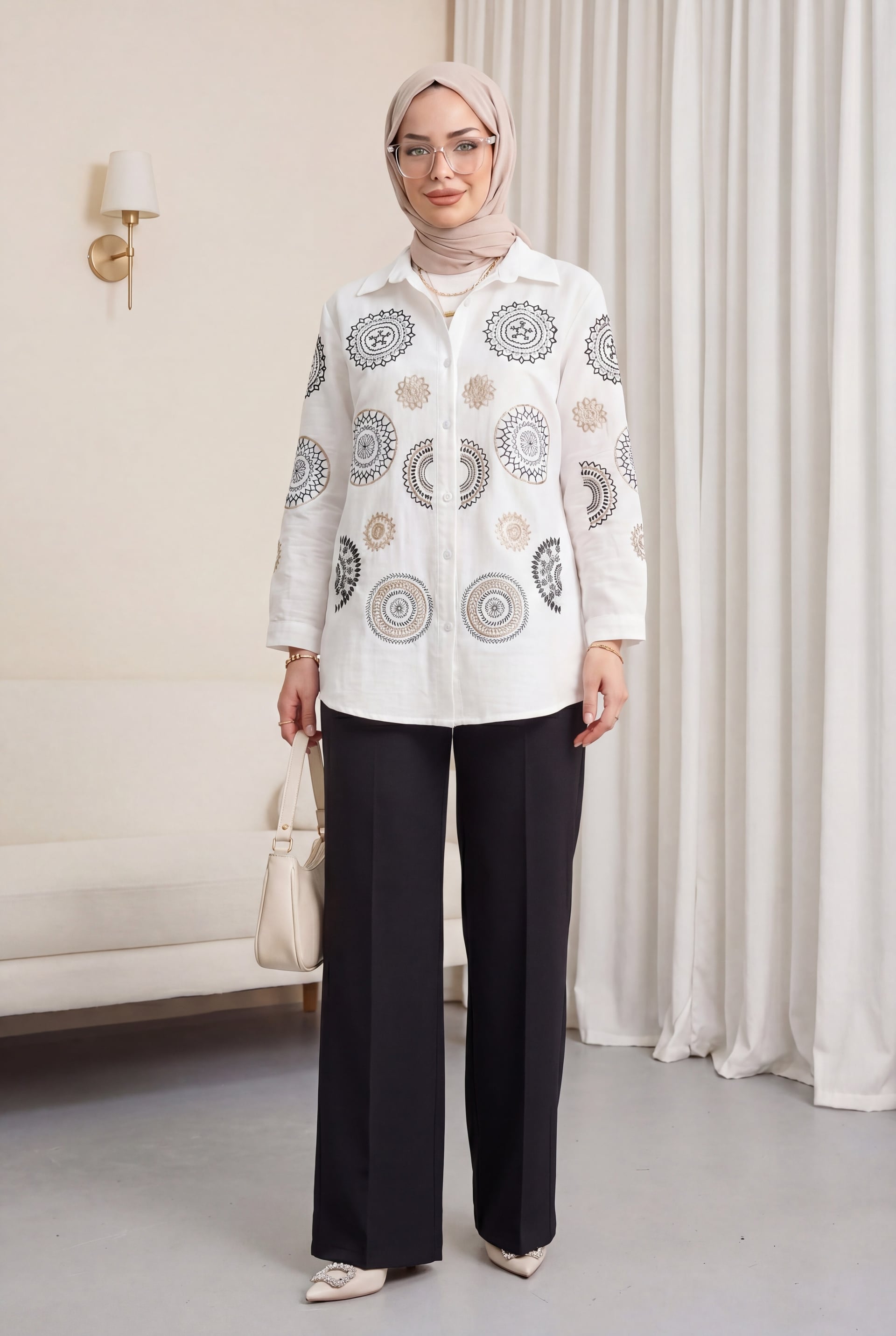 Embroidered Button-Front Linen Look Blouse - White - Podyumplus - by Peralane - photo 2