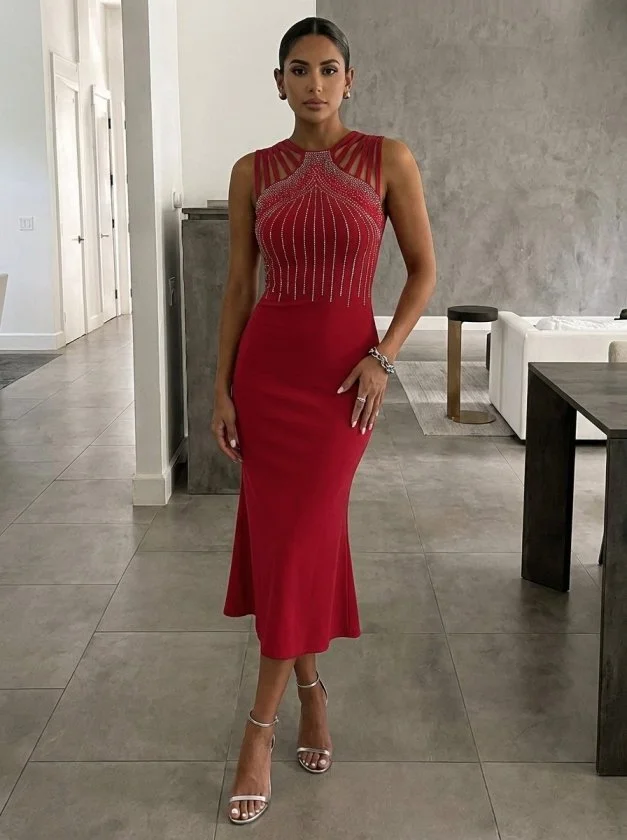 Women's Sleeveless Rhinestone-Trimmed Midi Crepe Dress - Janes - by Peralane - photo 4