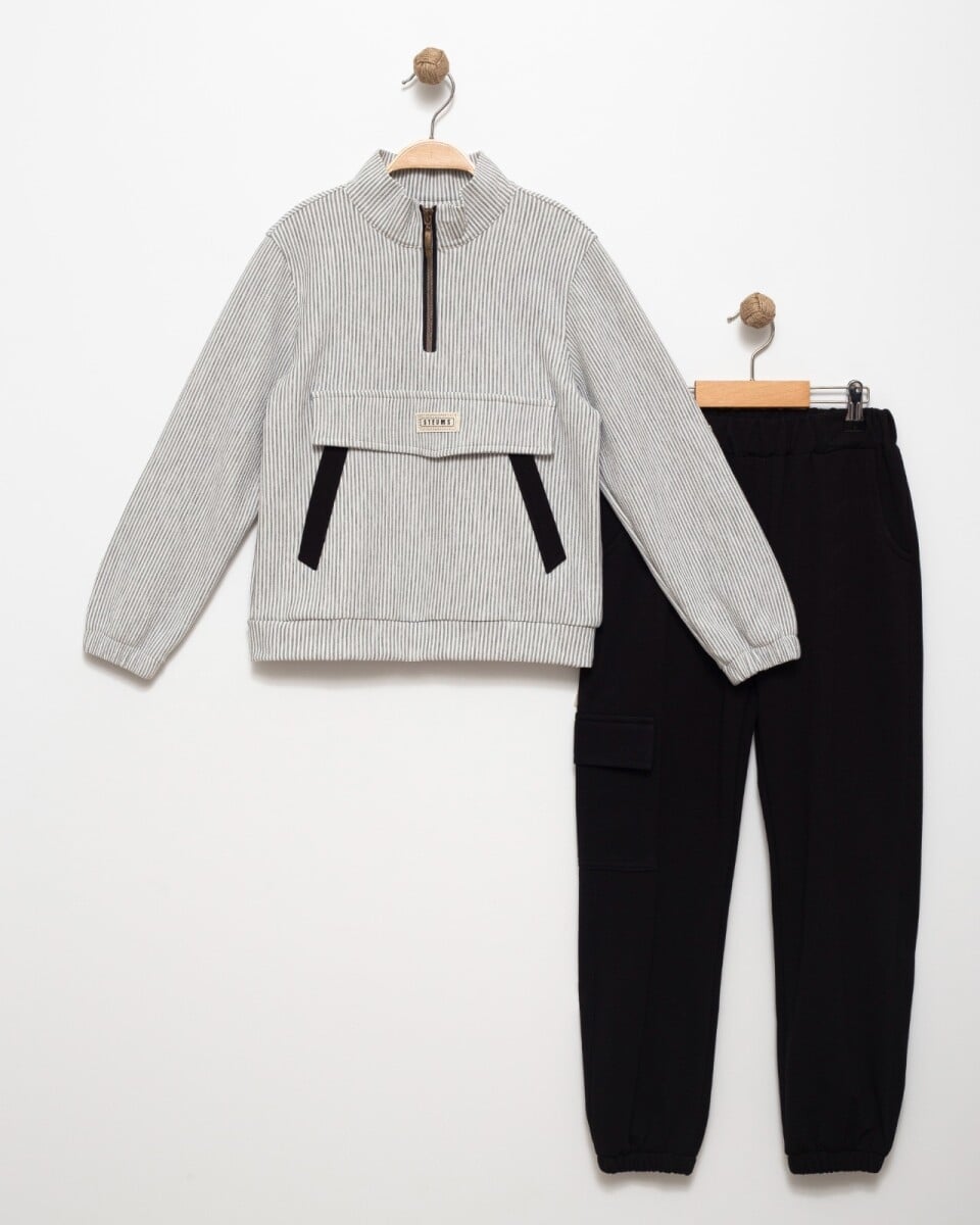 Girls' Two-Piece Suit with Striped Pullover and Cargo Pants - Grey Melange, 14-15 Years - Pafim - by Peralane