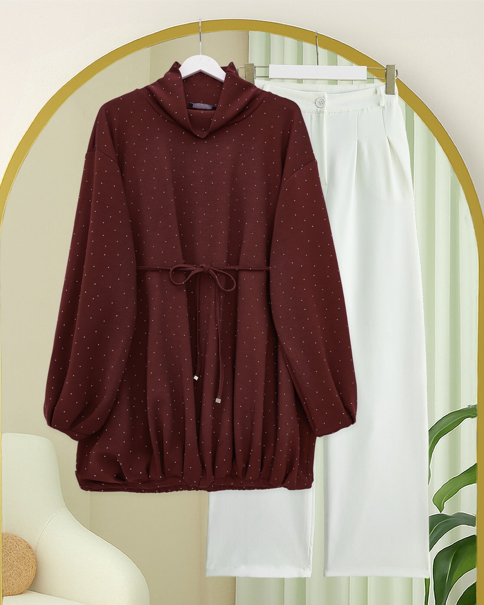 Women's Half-Turtleneck Drawstring Waist Sweatshirt with Elasticated Skirt - Deep Red - Podyumplus - by Peralane - photo 5