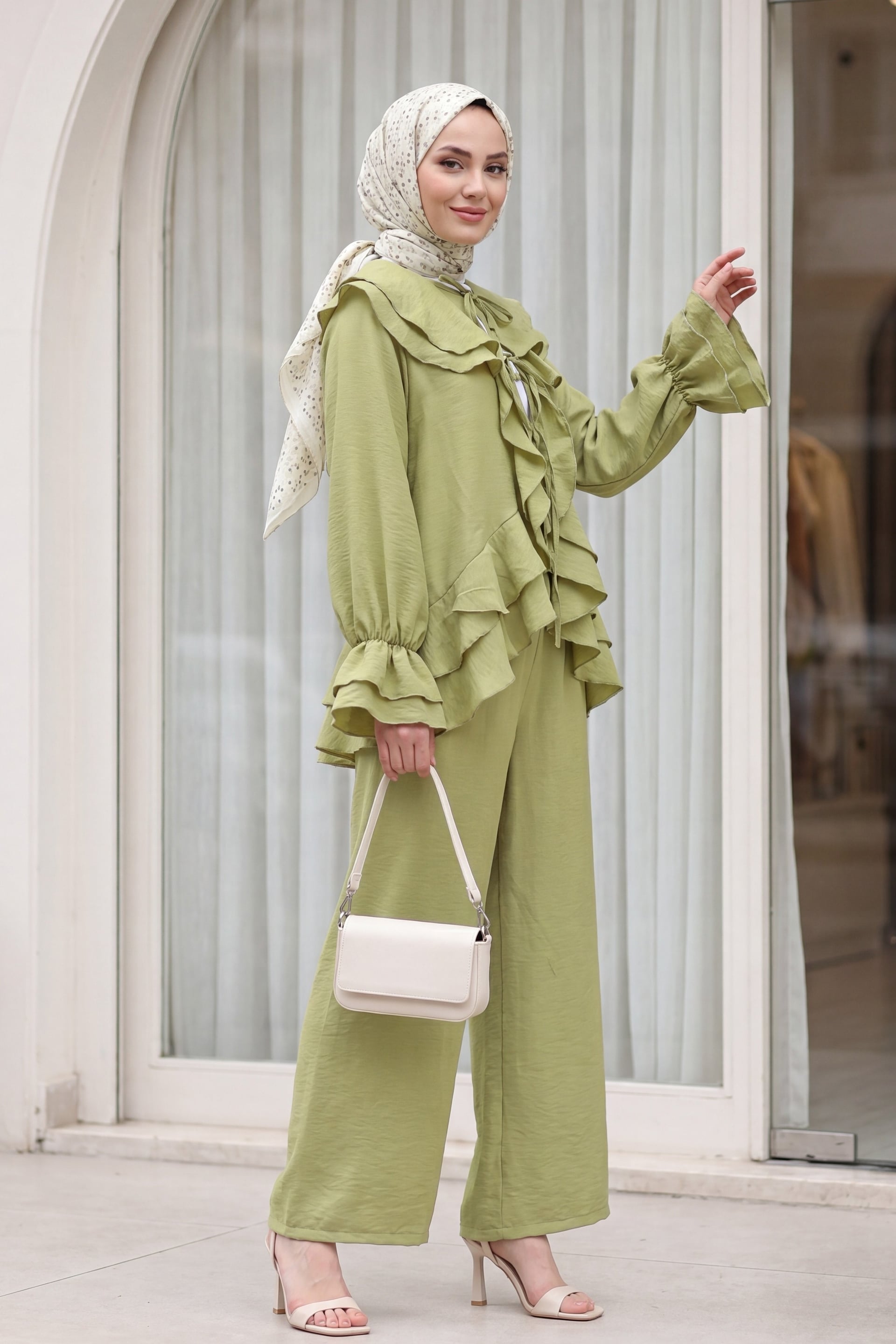 Women's Tie-Front Layered Collar Blouse and Lined Trousers Co-ord Set in Olive Green - Podyumplus - by Peralane - photo 2