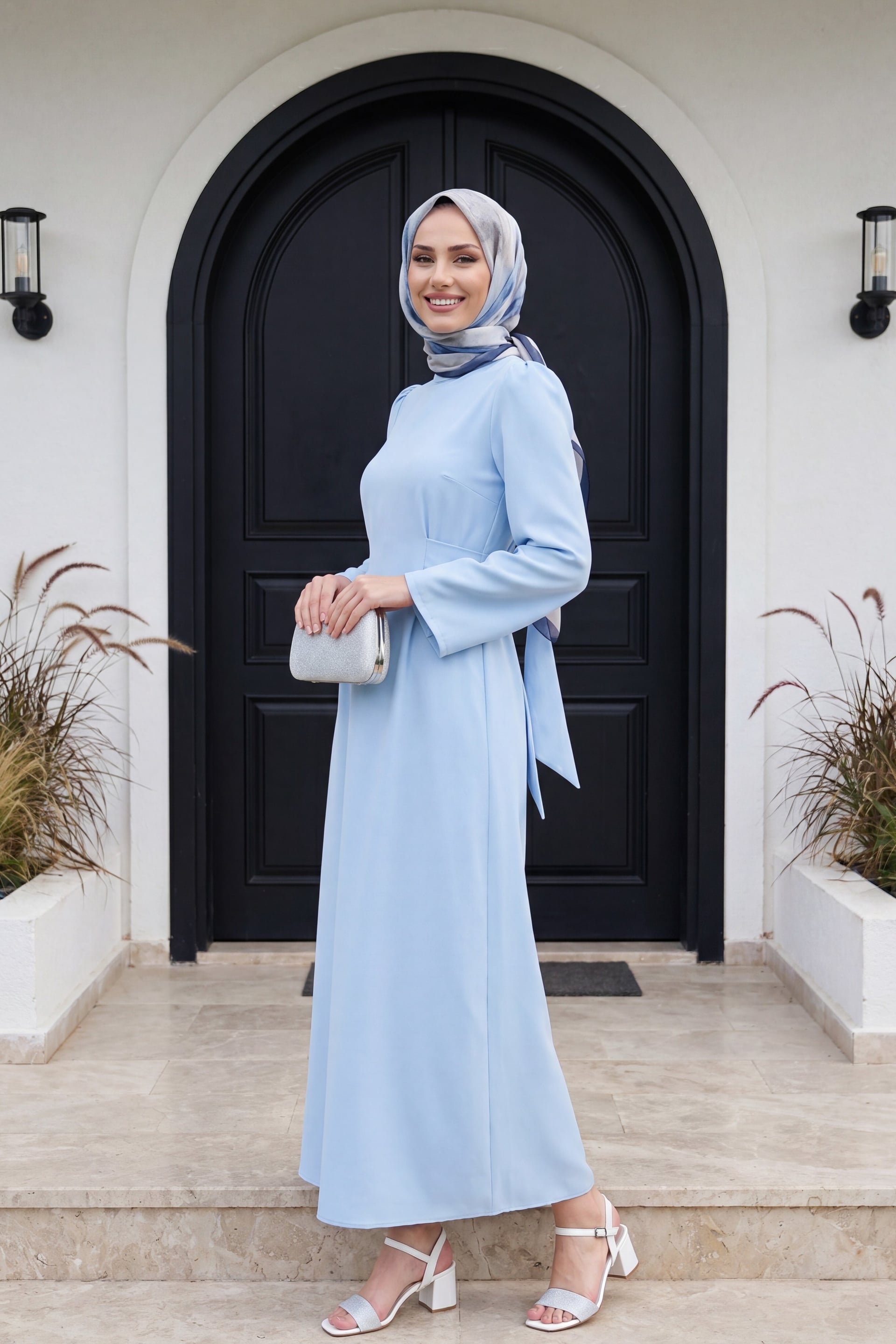 Light Blue Wrap-Front Belted Dress with Long Puffed Sleeves - Podyumplus - by Peralane