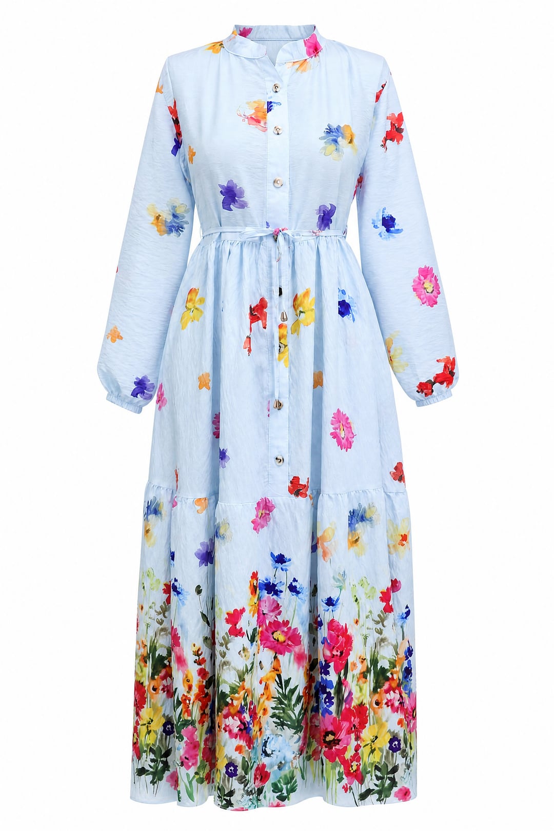 Floral Print Half-Button Belted Midi Dress with Elasticated Cuffs - Light Blue - Podyumplus - by Peralane - photo 5
