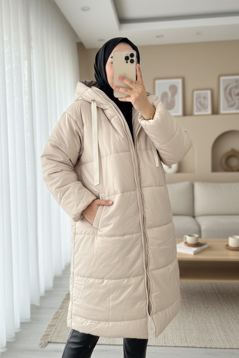 Hooded Drawstring Padded Jacket - Ecru - Podyumplus - by Peralane