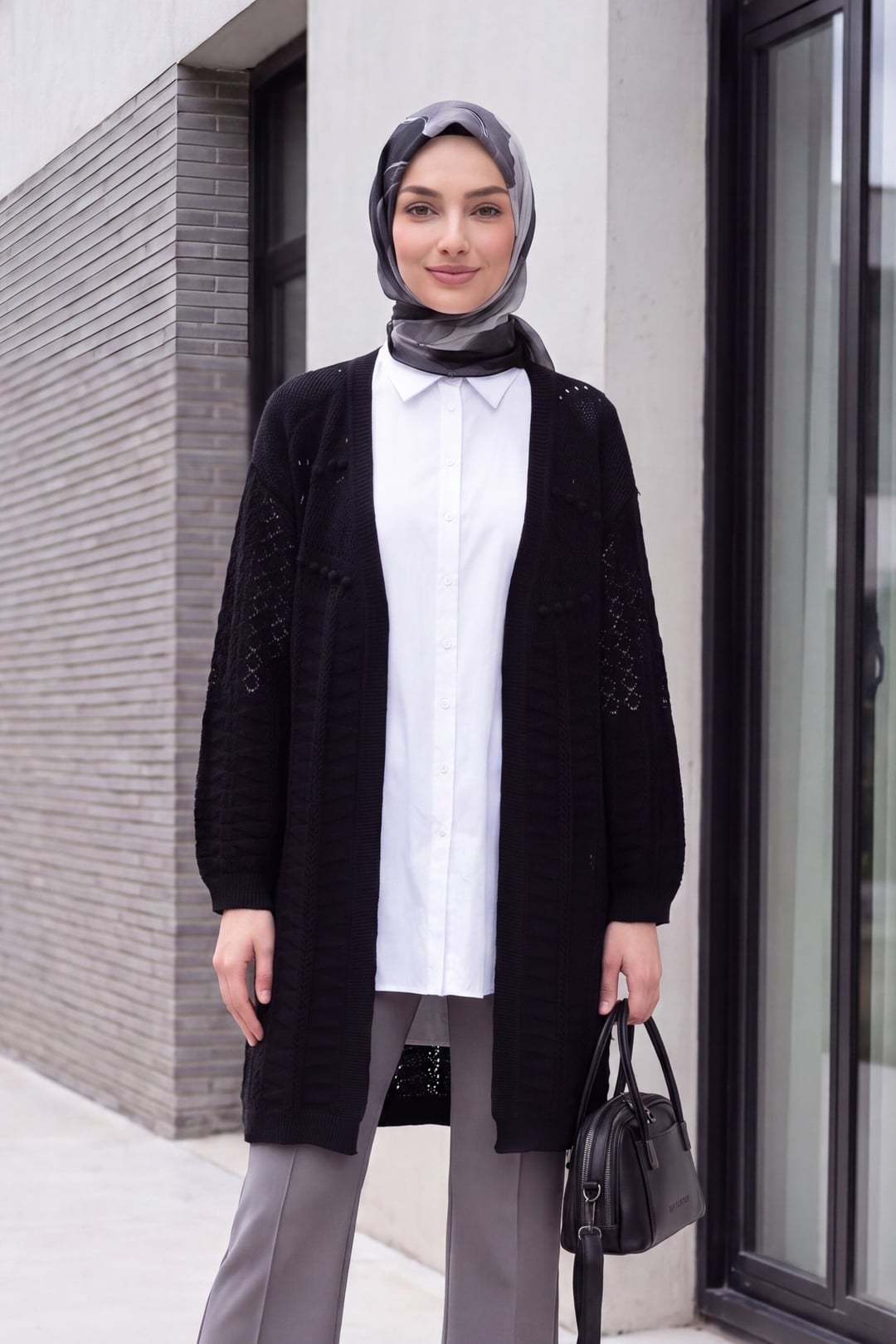 Pom-Pom Mixed Pattern Mid-Length Knit Cardigan - Black - Podyumplus - by Peralane - photo 2
