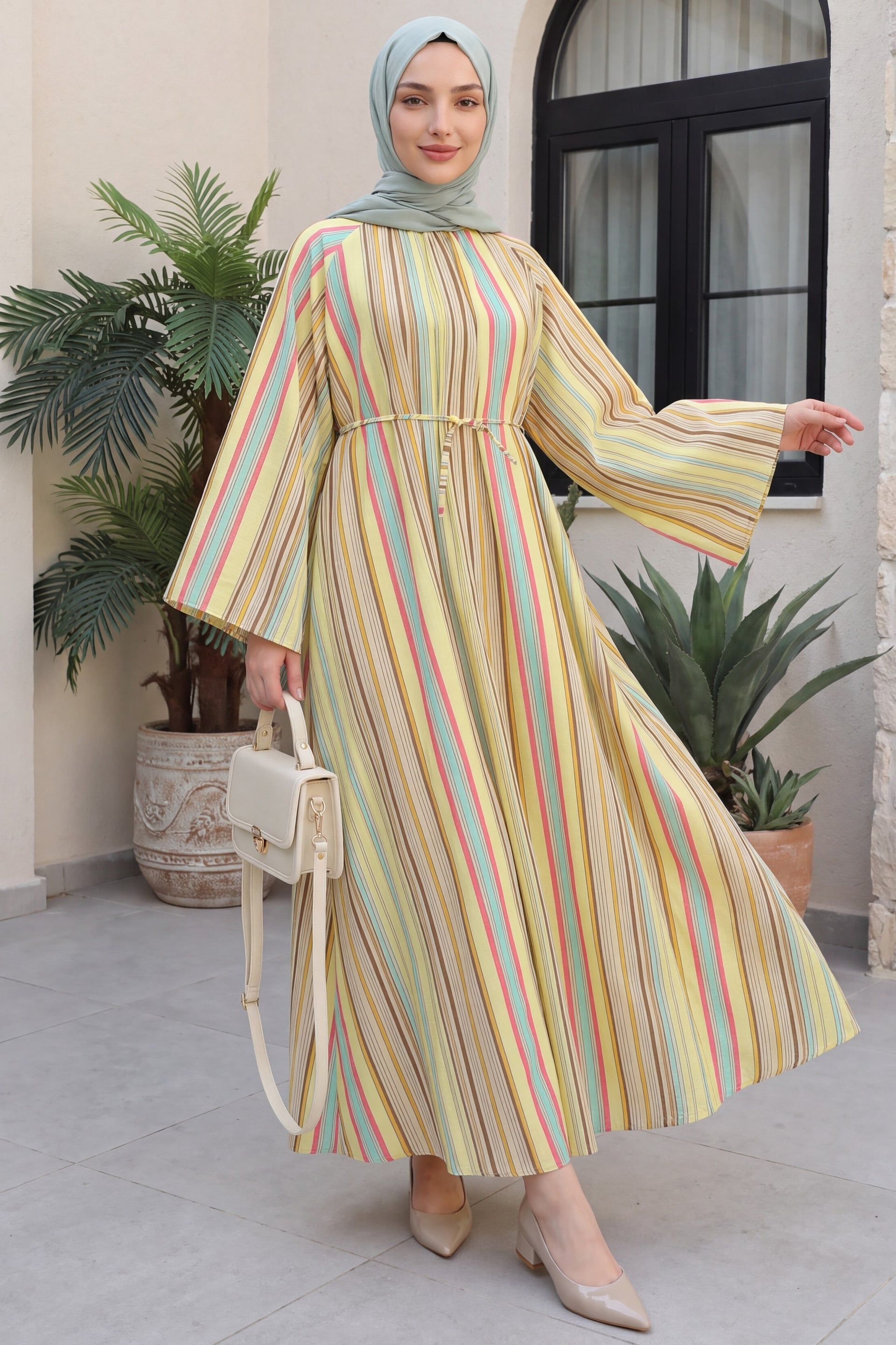 Yellow Striped High Neck Belted Poliviscose Dress - Podyumplus - by Peralane - photo 2