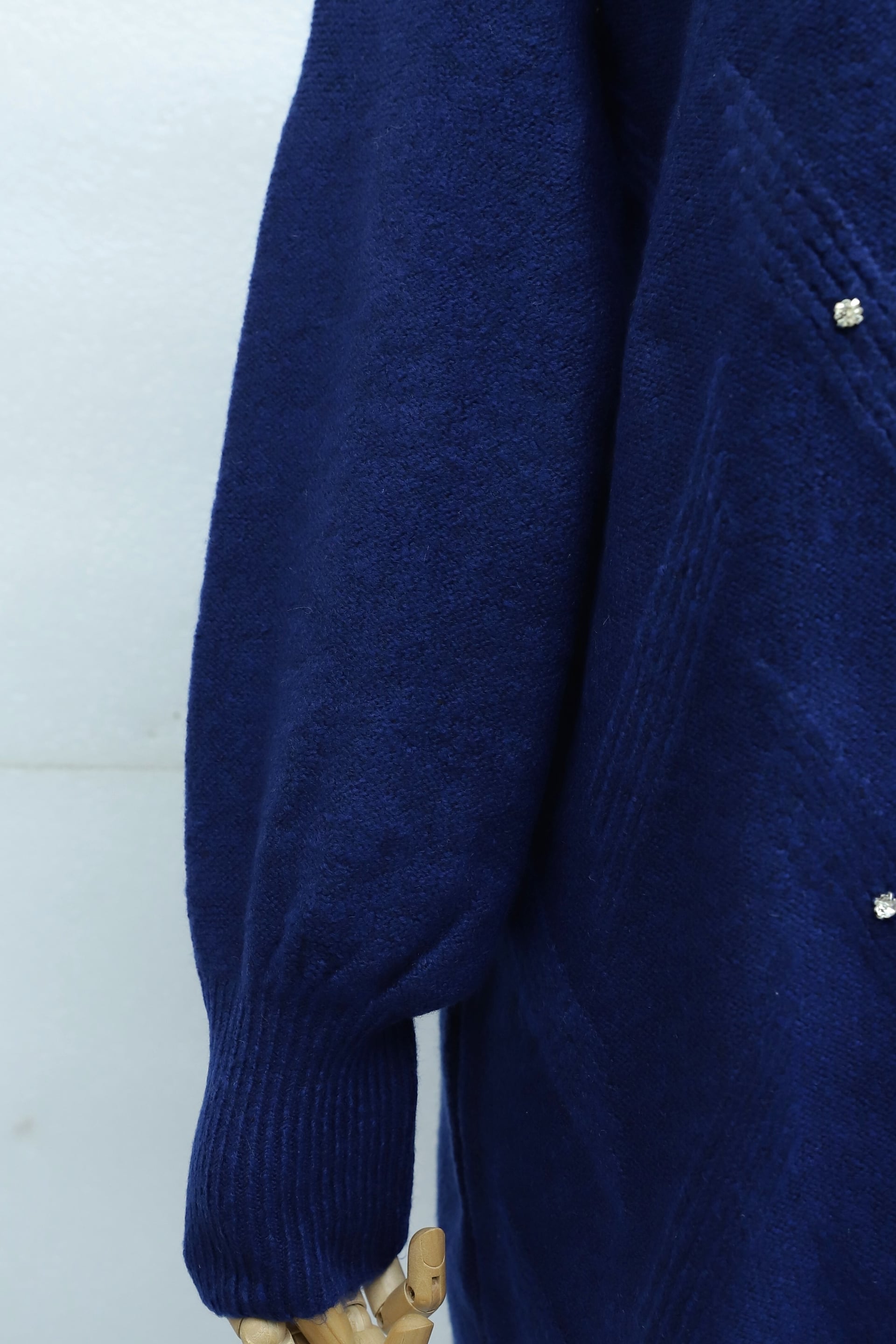 Navy Blue Rhinestone Balloon Sleeve Relaxed Knit Tunic - Podyumplus - by Peralane - photo 4