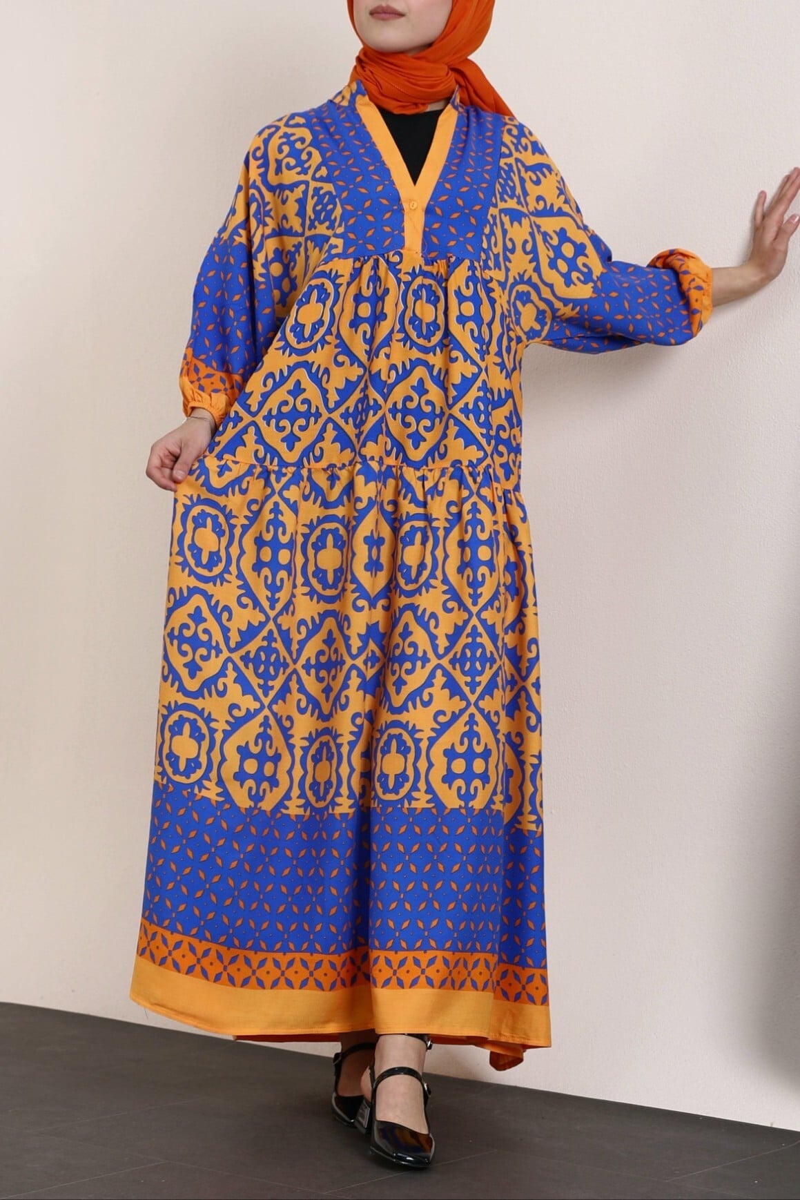 V-Neck Batwing Sleeve Patchwork Viscose Dress - Orange - Podyumplus - by Peralane - photo 3