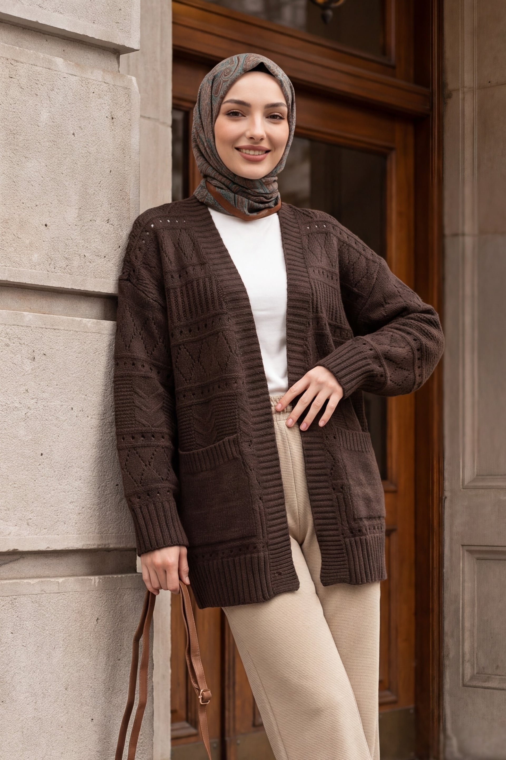 Double Pocket Open Front Ajour Knit Cardigan - Dark Brown - Podyumplus - by Peralane