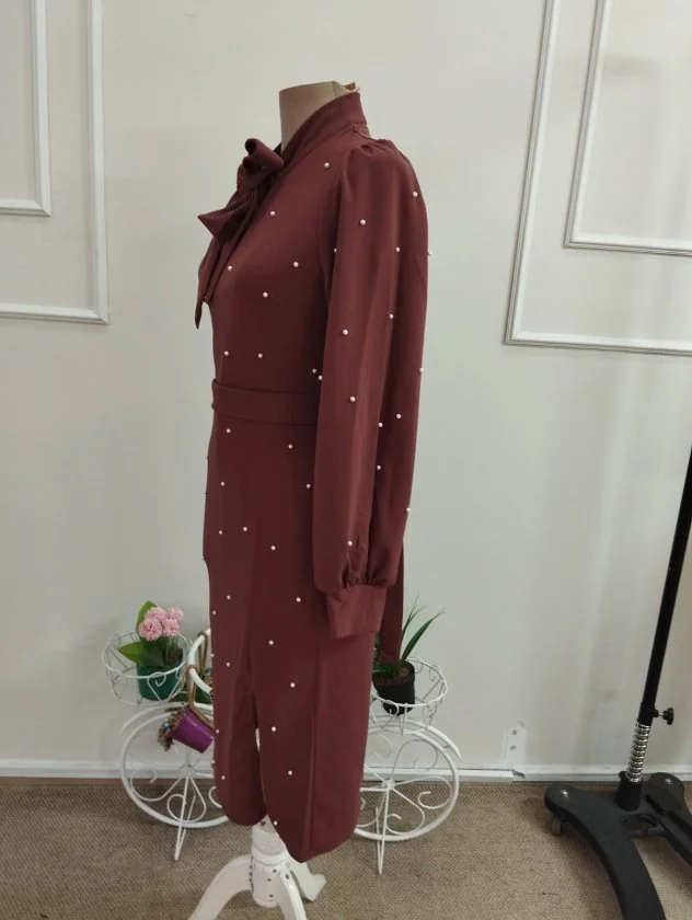 Burgundy Midi Dress with Pearls and Pussy Bow Neckline - Janes - by Peralane - photo 6