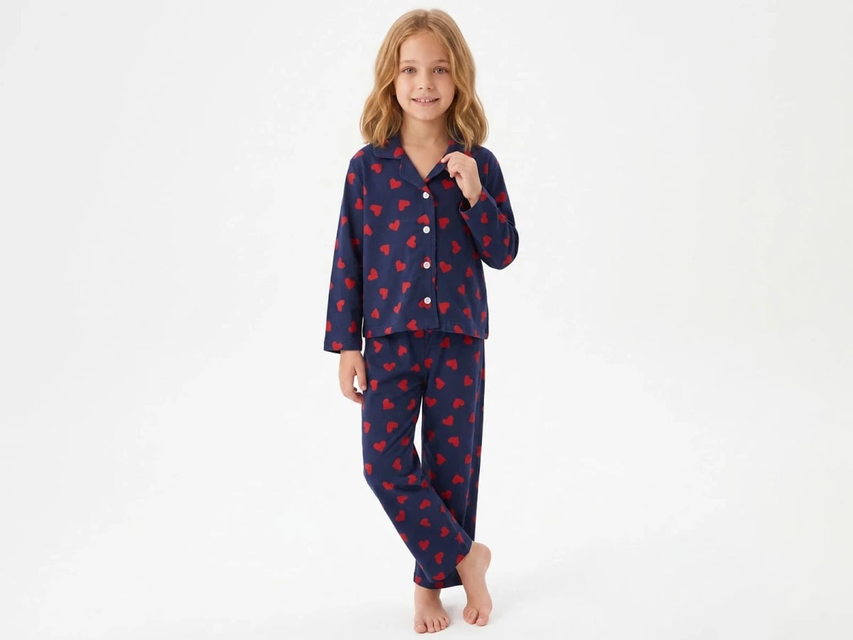 Heart Pattern Button-Up Girl's Pyjama Set - Navy - Isobel - by Peralane