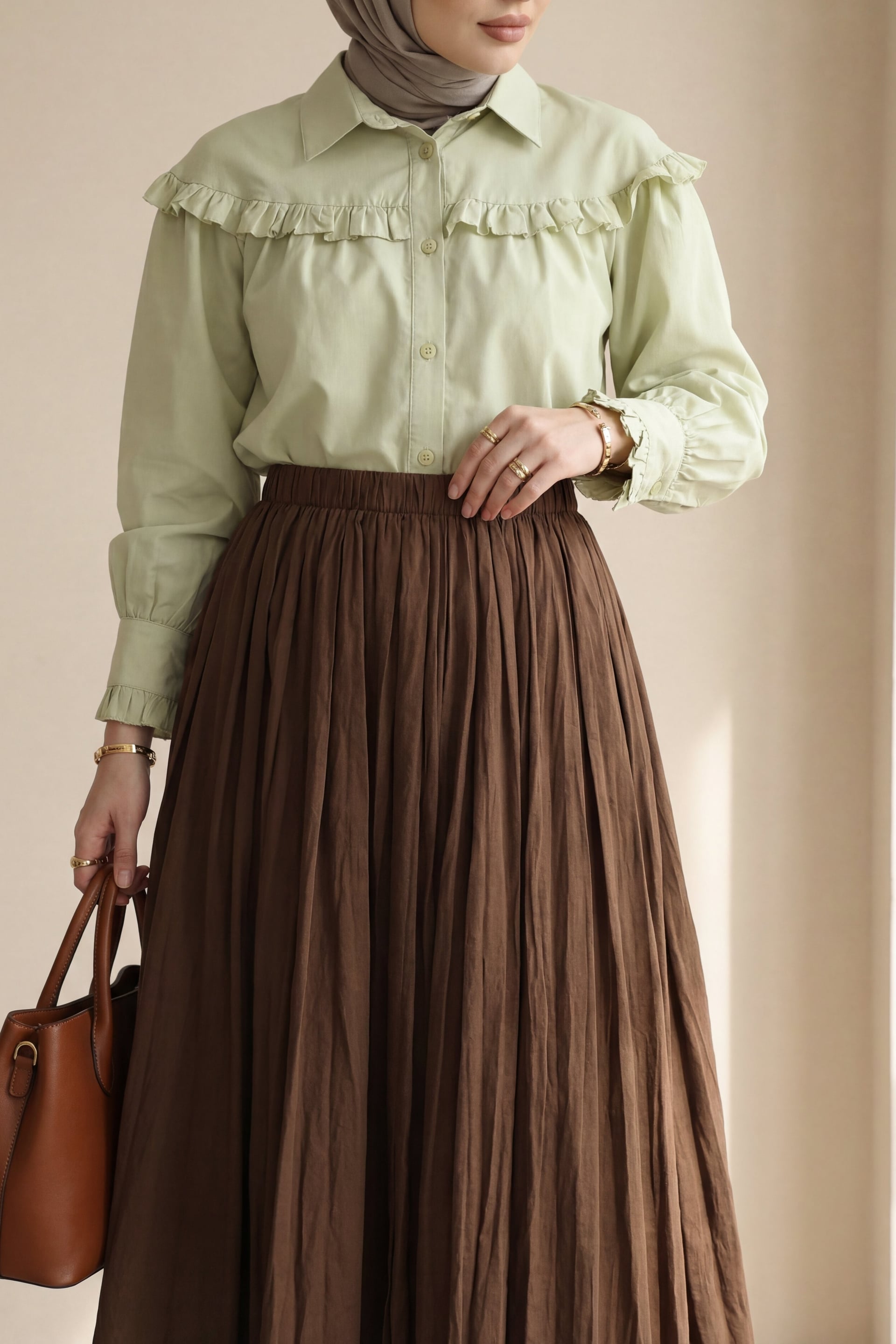 Brown Elasticated Waist Pleated Skirt for Women - Podyumplus - by Peralane - photo 5