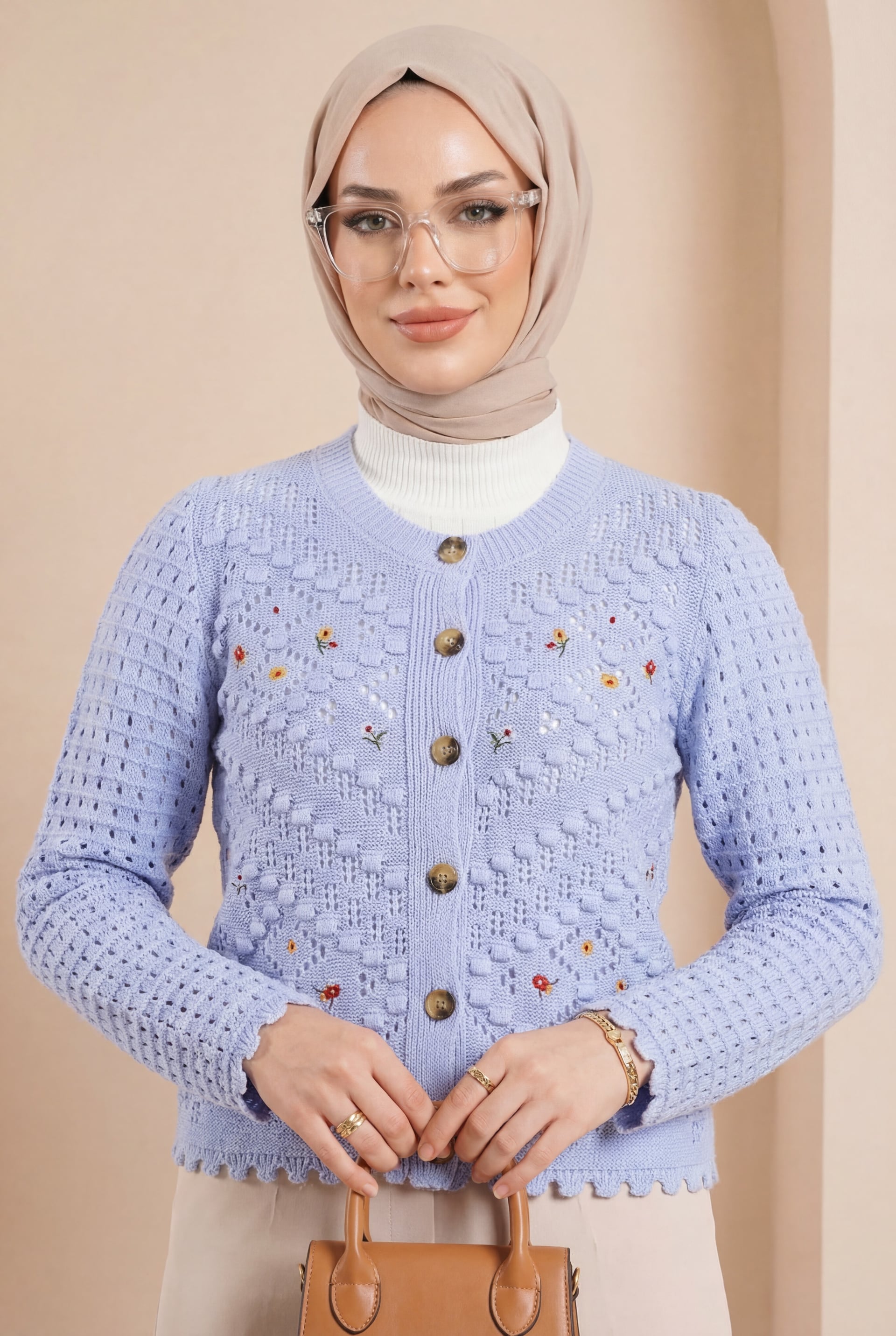 Light Blue Knitted Cardigan with Floral Embroidery and Pom-Pom Details - Podyumplus - by Peralane - photo 2