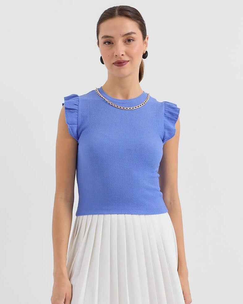 Ruffled Cap Sleeve Knit Blouse - Blue - Bigdart - by Peralane - photo 2