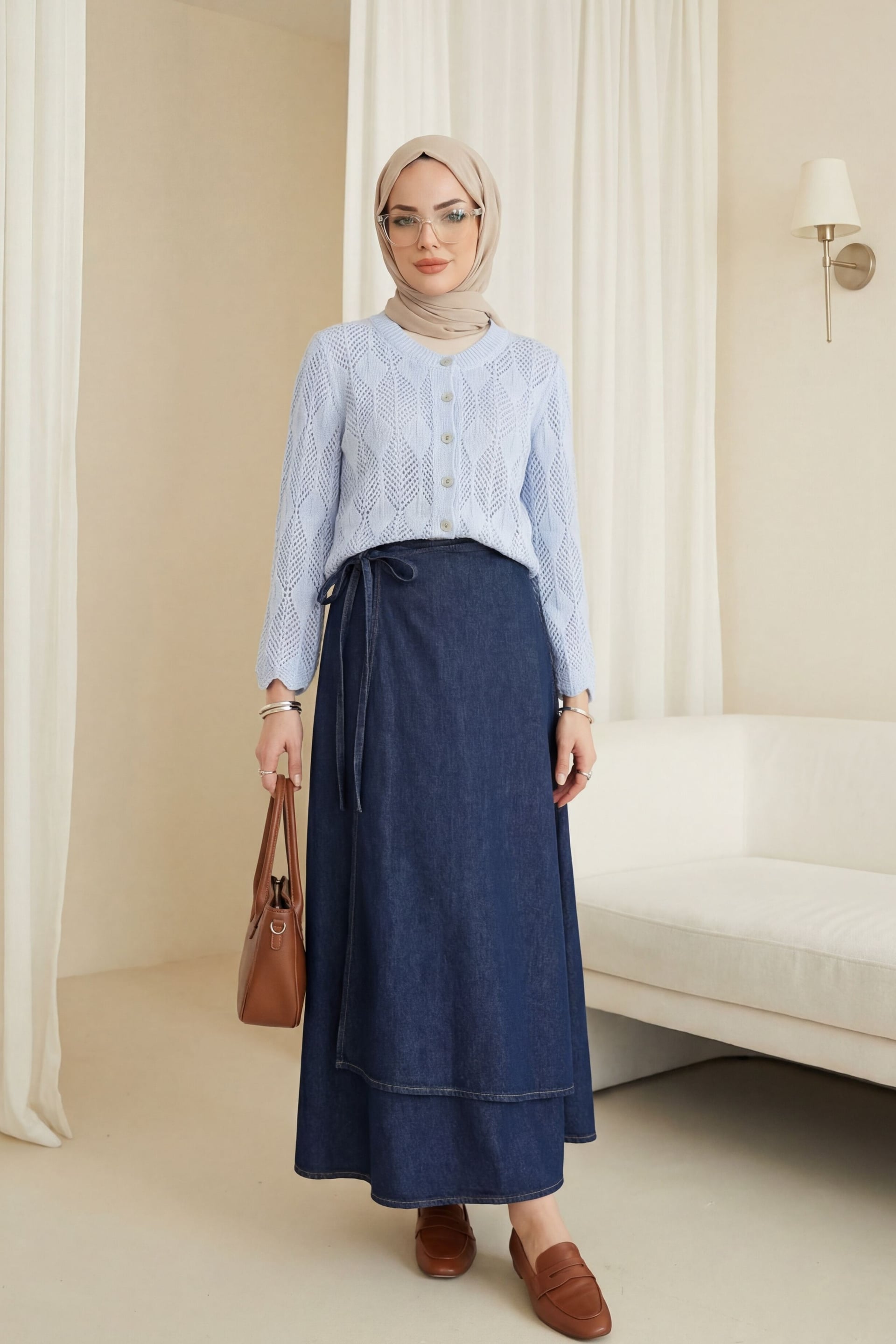 Leaf Pattern Open-Knit Cardigan - Ice Blue - Podyumplus - by Peralane - photo 2
