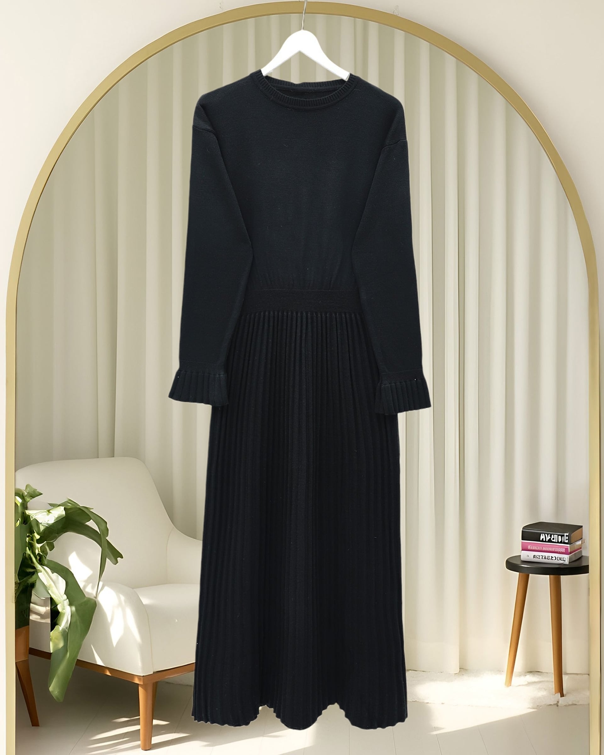 Ribbed Skirt Long Knit Dress with Cape Detail - Black - Podyumplus - by Peralane - photo 7