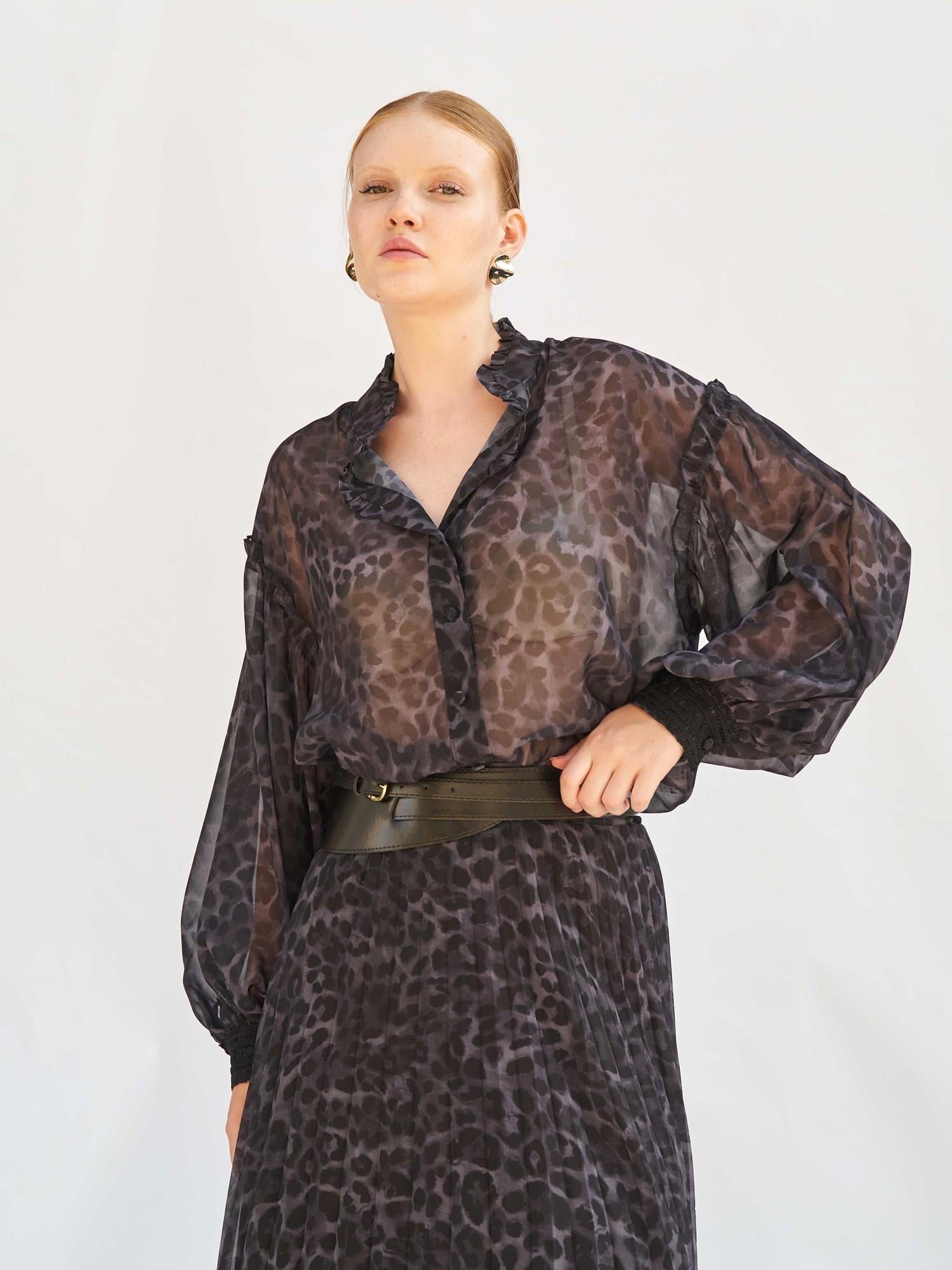 Leopard Print Sheer Blouse with Ruffled Collar - Lefon - by Peralane - photo 7