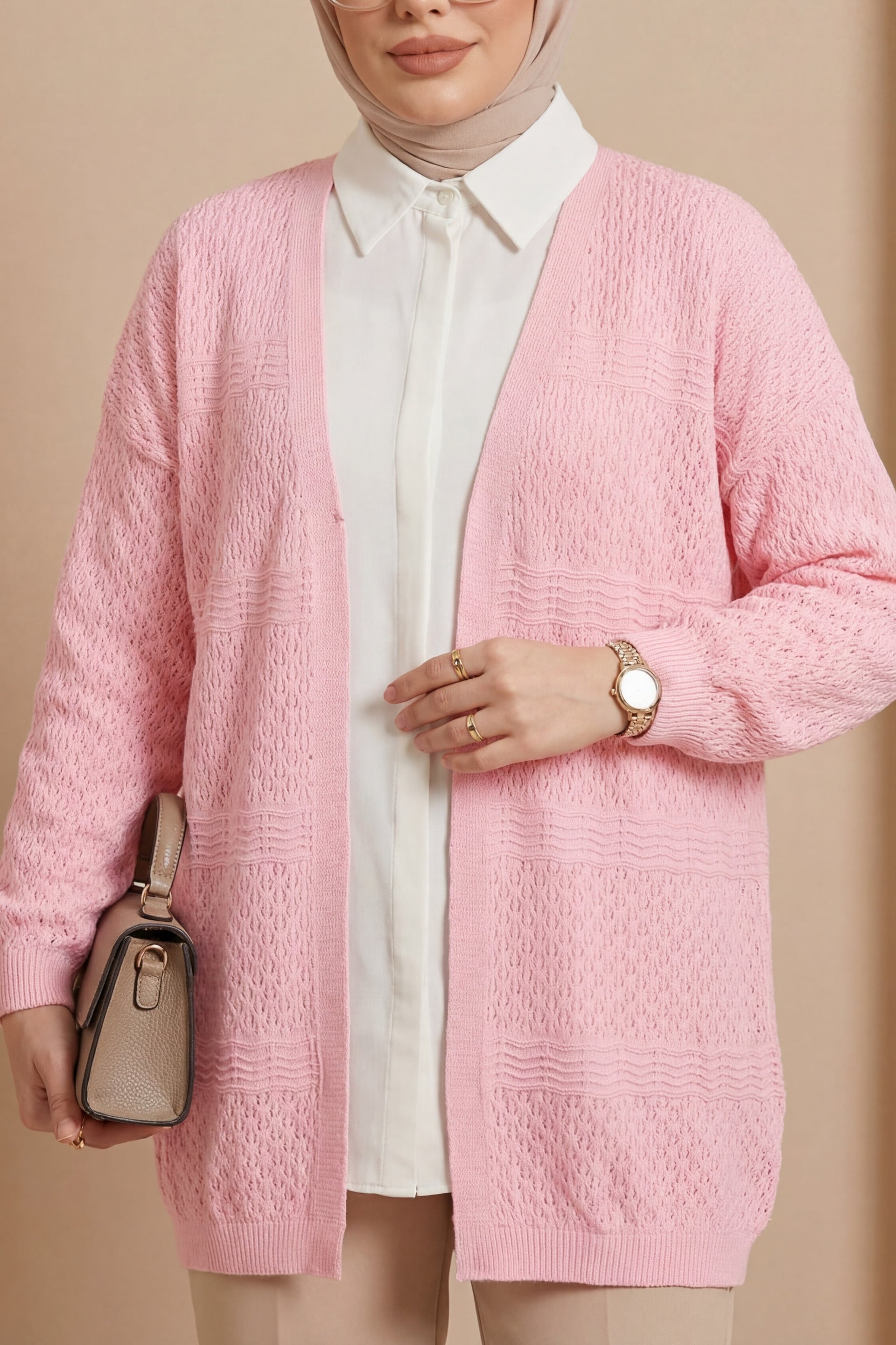 Openwork Wave Pattern Knit Cardigan - Pink - Podyumplus - by Peralane - photo 3