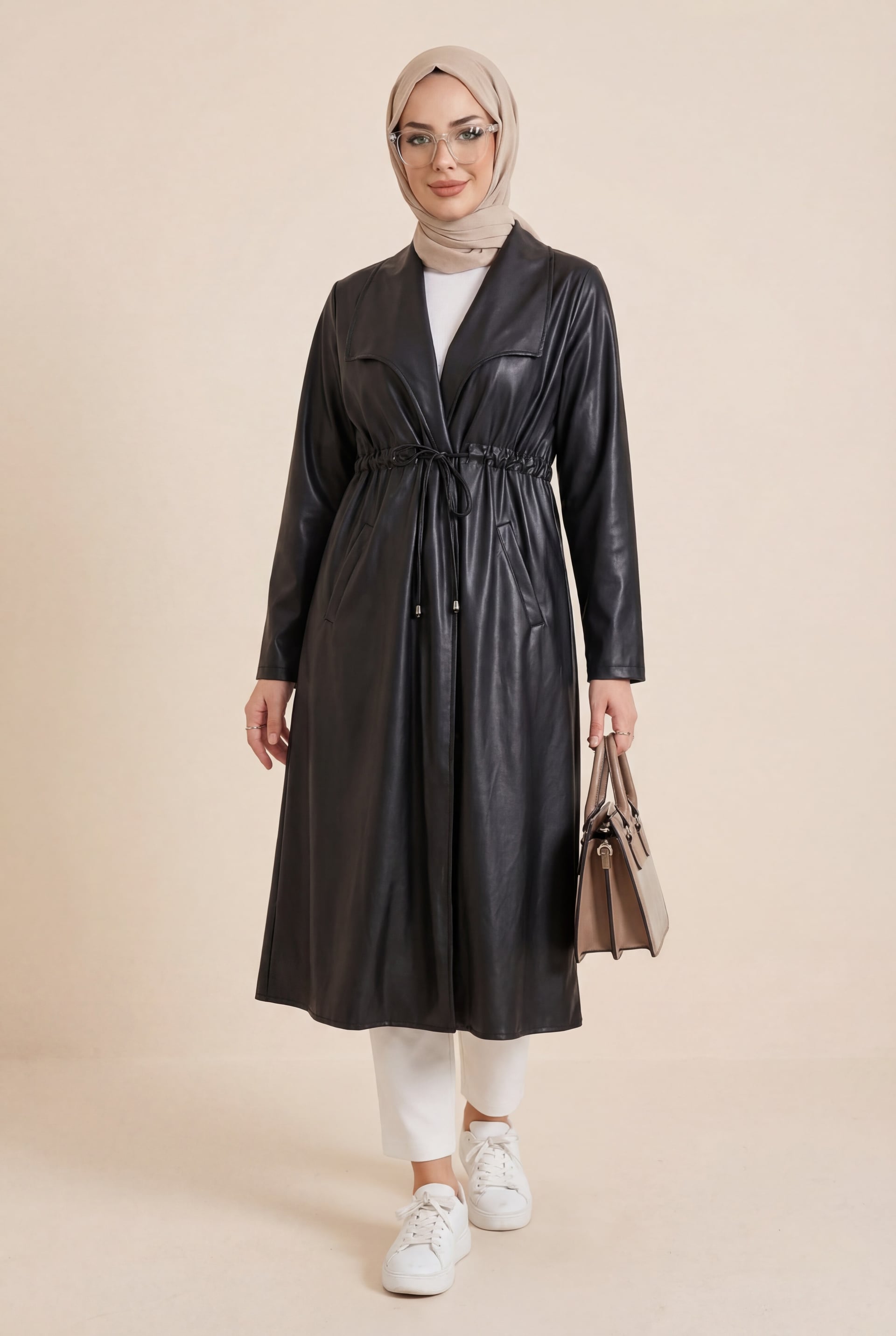 Black Faux Leather Trench Coat with Drawstring Waist and Pockets - Podyumplus - by Peralane - photo 2